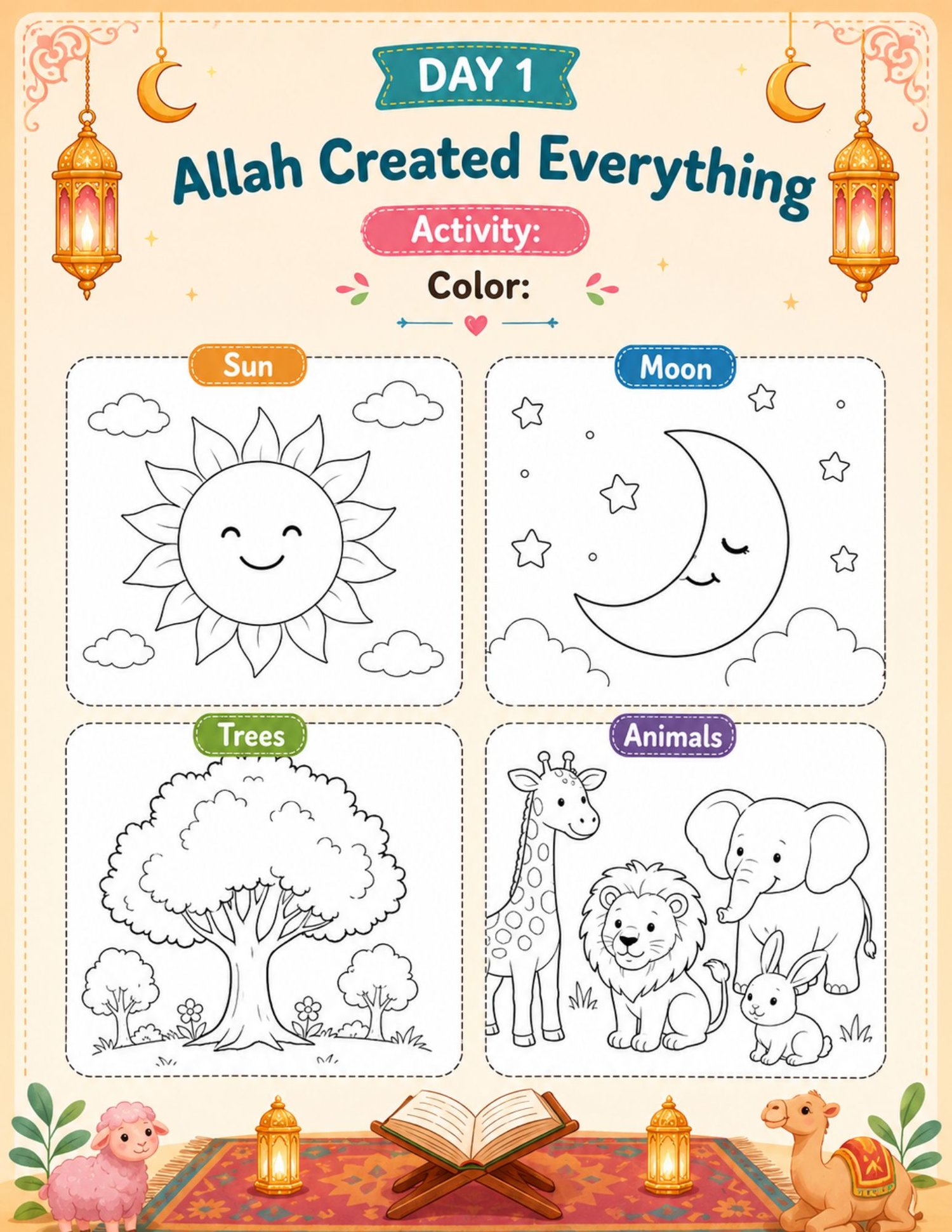 "30-Day Islamic Learning Bundle printable PDF for kids ages 5–8 featuring daily Islamic activities, coloring pages, tracing worksheets, duas, Prophet stories, Quran lessons, Ramadan activities, prayer practice, and homeschool resources."