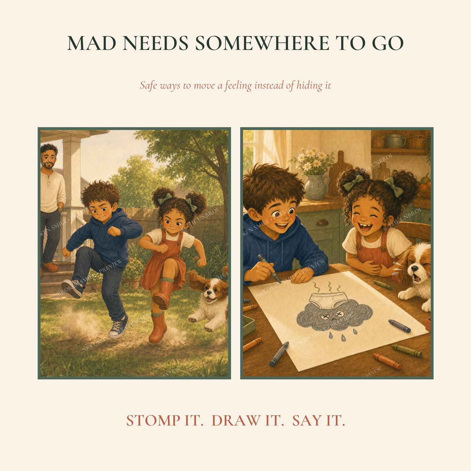 Theo and Millie stomp out the mad and draw the ugly cloud, safe ways for kids to handle anger