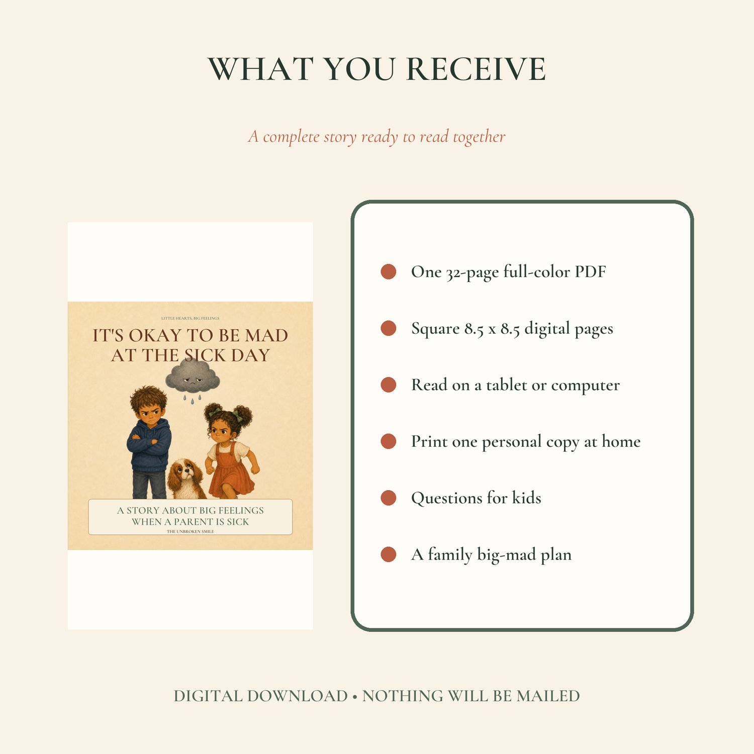 What you receive: one 32-page full-color PDF storybook with questions for kids