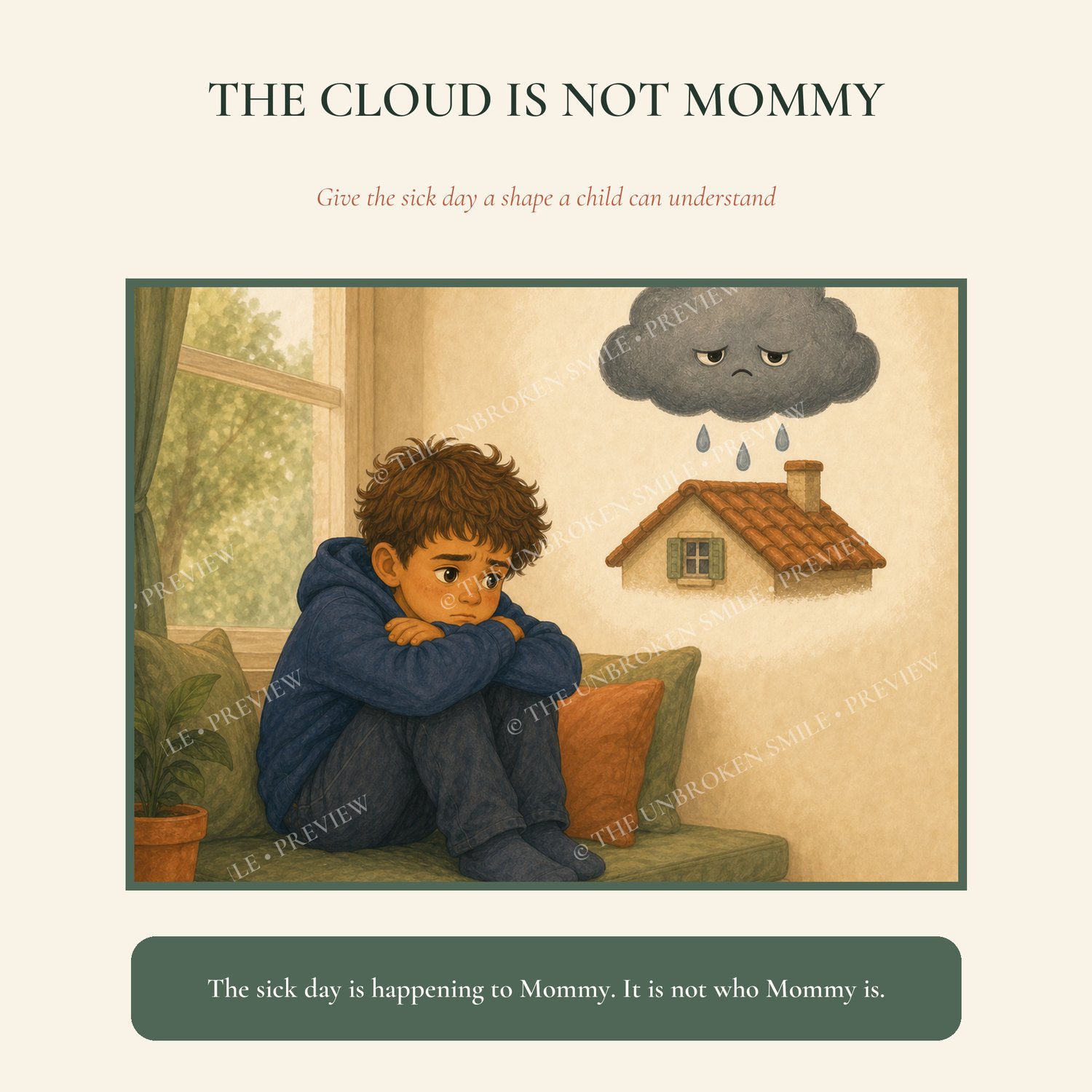 Theo imagines Mommy's chronic illness as a grumpy gray cloud parked over the family house