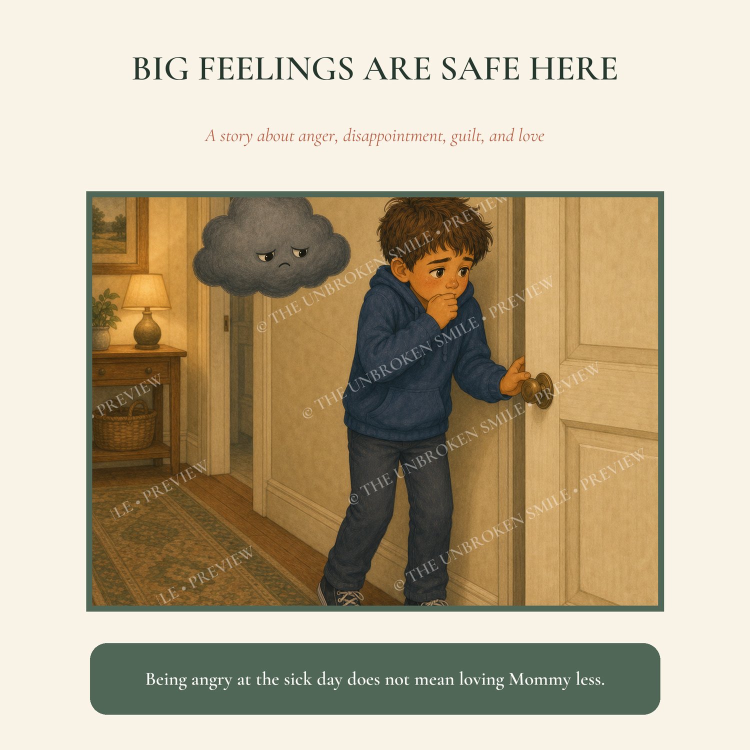 Story page showing a child's big feelings are safe to say out loud when a parent is sick