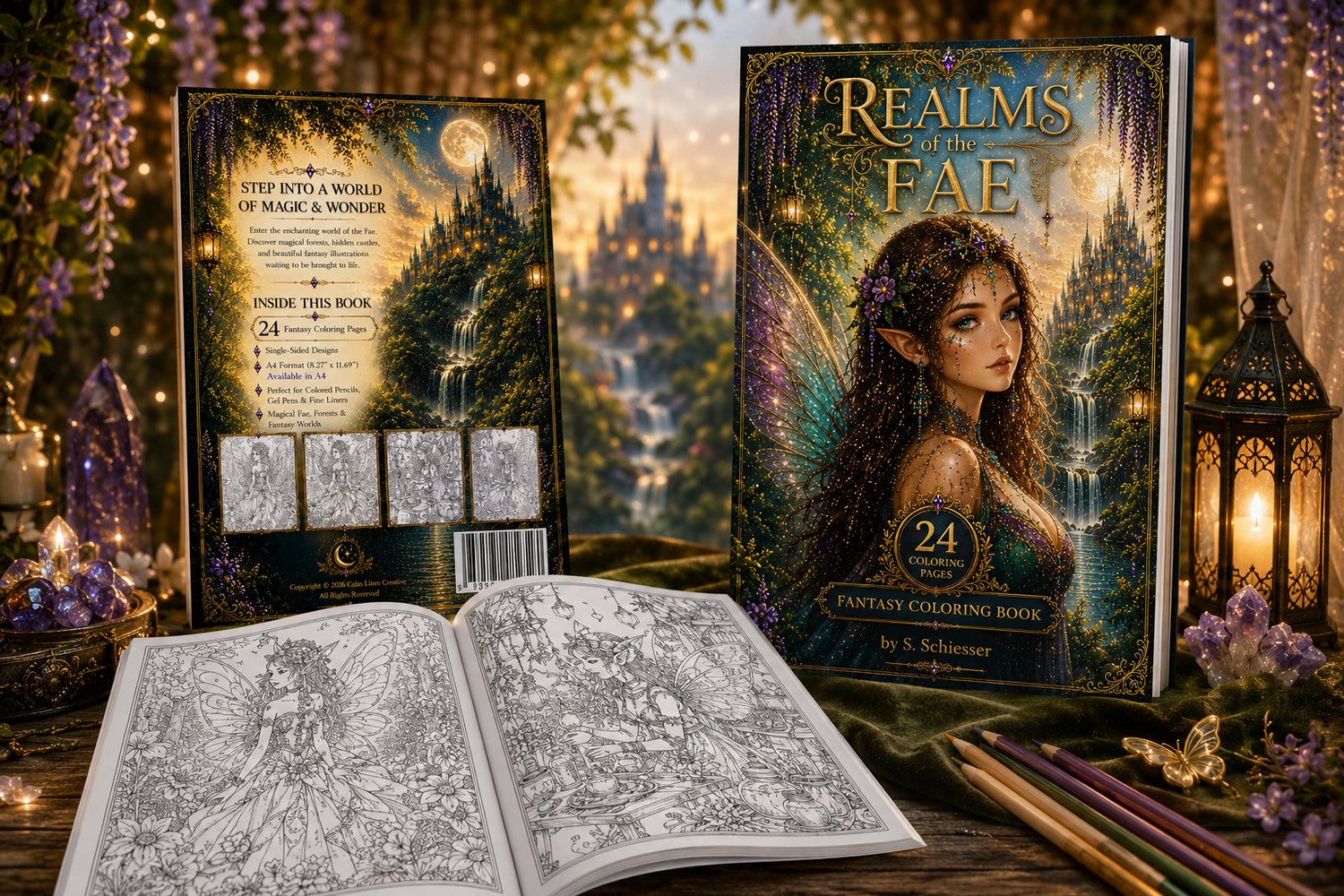 Realms of the Fae fantasy coloring book mockup showing open book with line art fairy illustration, front and back cover