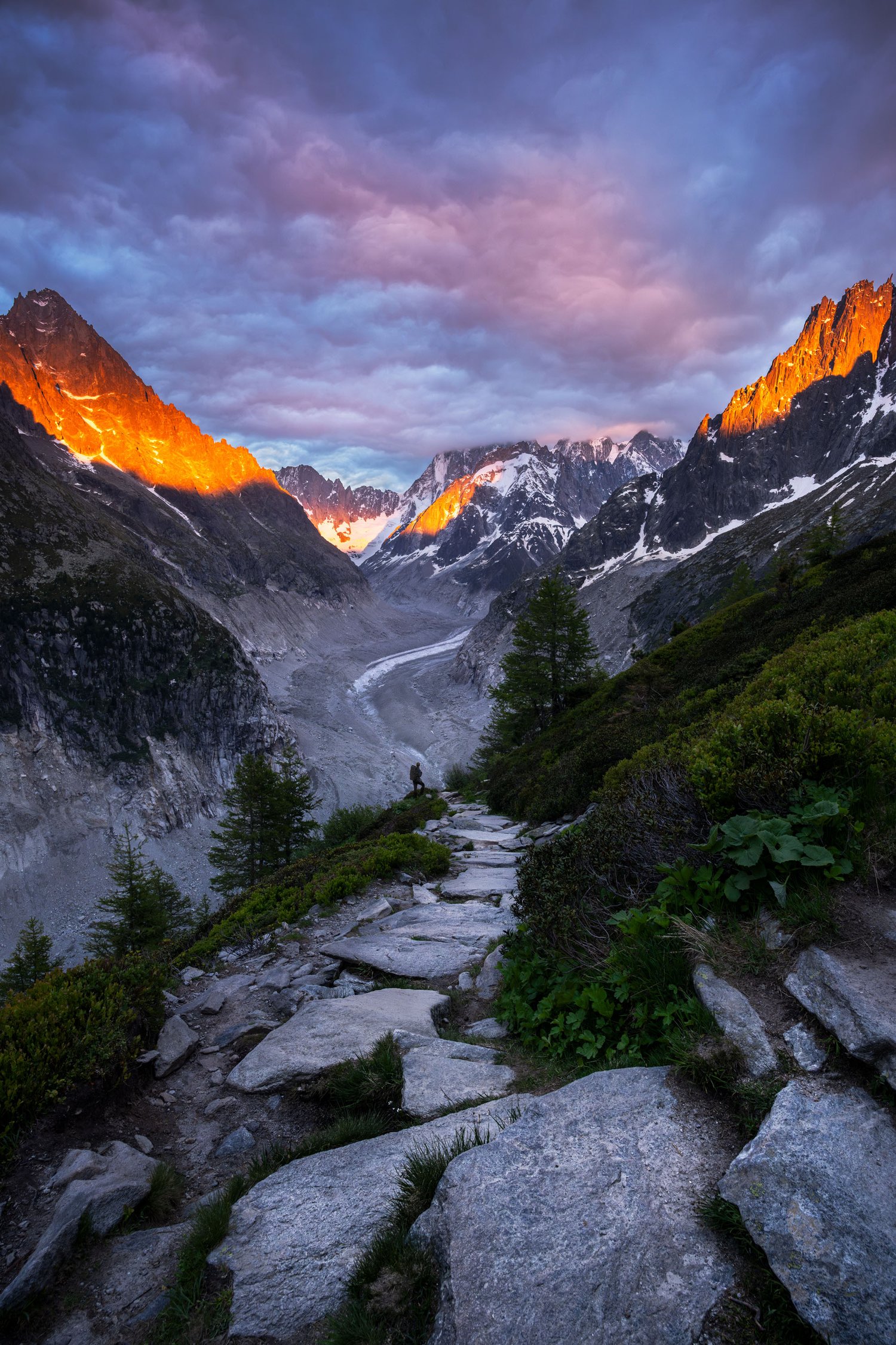 France Chamonix Mer de Glace Le Signal Forbes mountains glacier trail staircase sunset colors 3_1