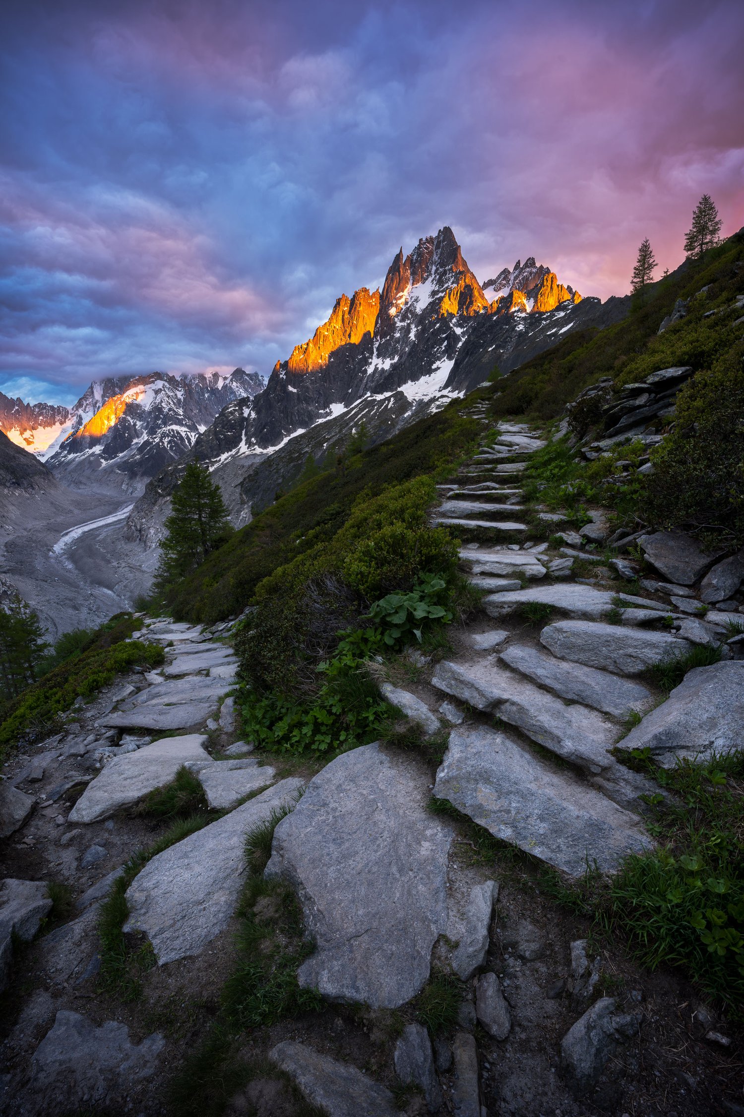 France Chamonix Mer de Glace Le Signal Forbes mountains glacier trail staircase sunset colors 2_1