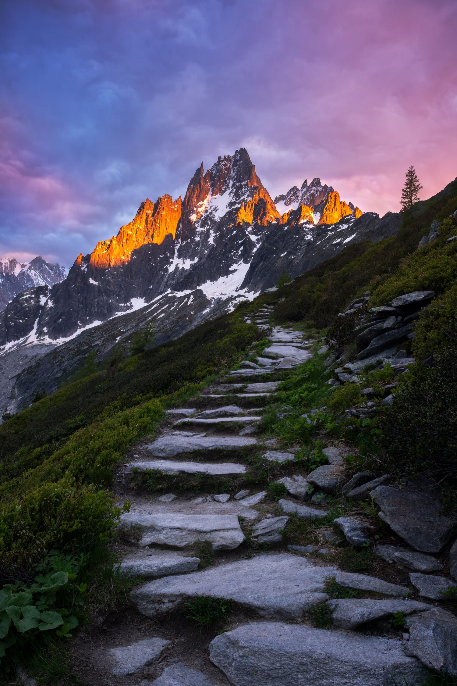 France Chamonix Mer de Glace Le Signal Forbes mountains glacier trail staircase sunset colors 4_1