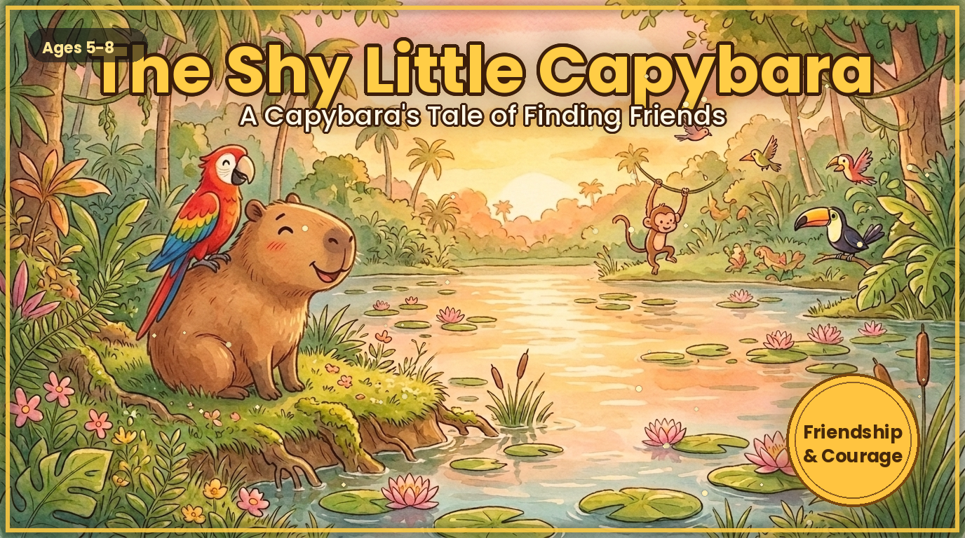 Children's storybook cover illustration of a shy smiling capybara with a colorful red and green parrot perched on its back, sitting by a jungle pond at sunset, titled "The Shy Little Capybara."