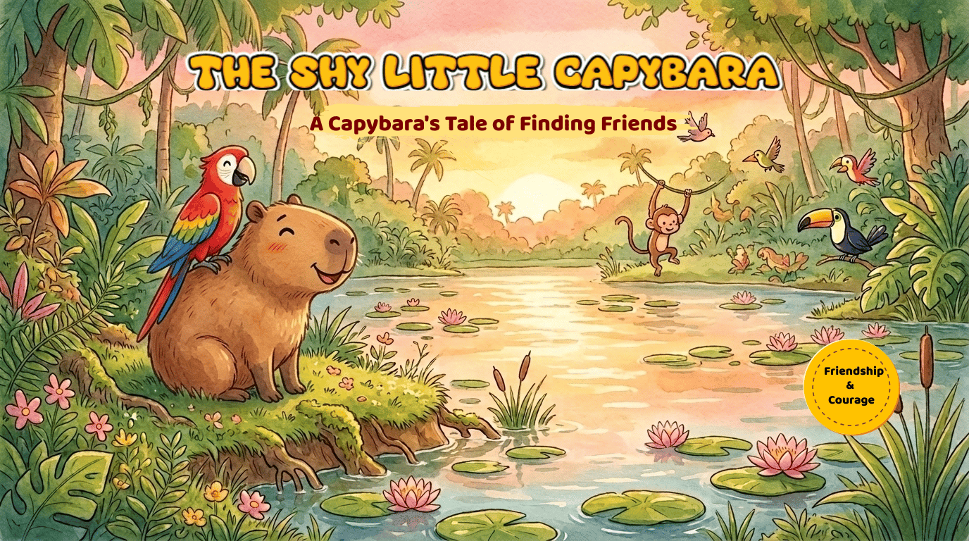 Children's storybook cover illustration of a shy smiling capybara with a colorful red and green parrot perched on its back, sitting by a jungle pond at sunset, titled "The Shy Little Capybara."