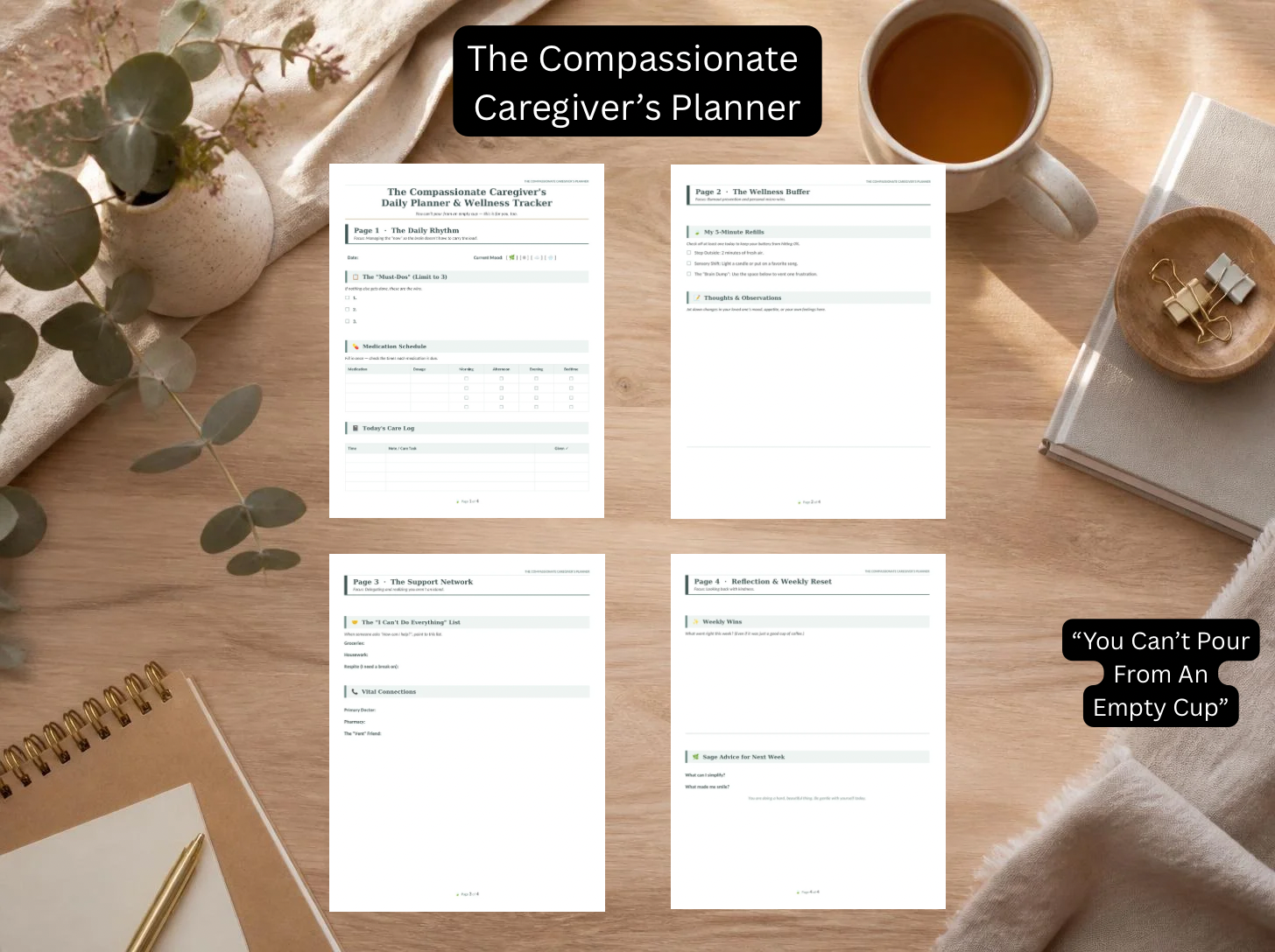 Compassionate Caregiver Daily Planner and Burnout Prevention Tracker 4-page printable PDF bundle mockup