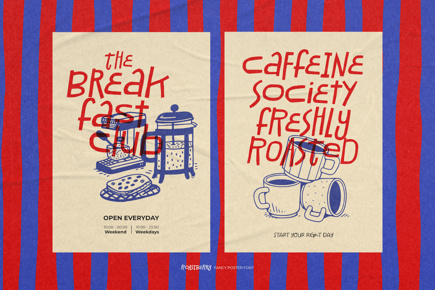 Roastberry is a handcrafted fancy poster font with organic, funky, playful, and indie-inspired letterforms, perfect for magazine headlines, branding, posters, packaging, editorial design, and creative typography.
