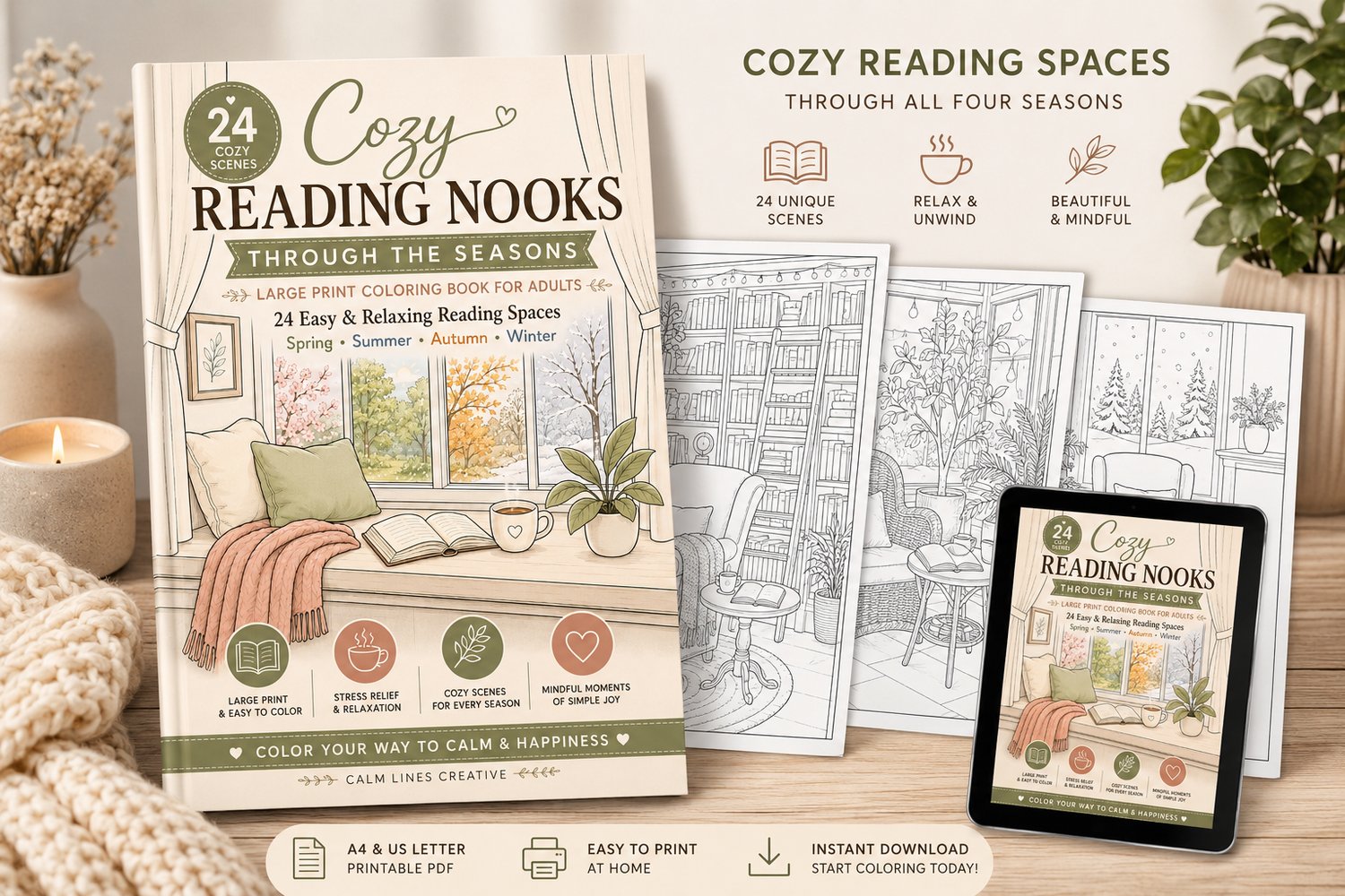 Cozy Reading Nooks coloring book mockup with tablet preview, A4 and US Letter printable PDF for adults
