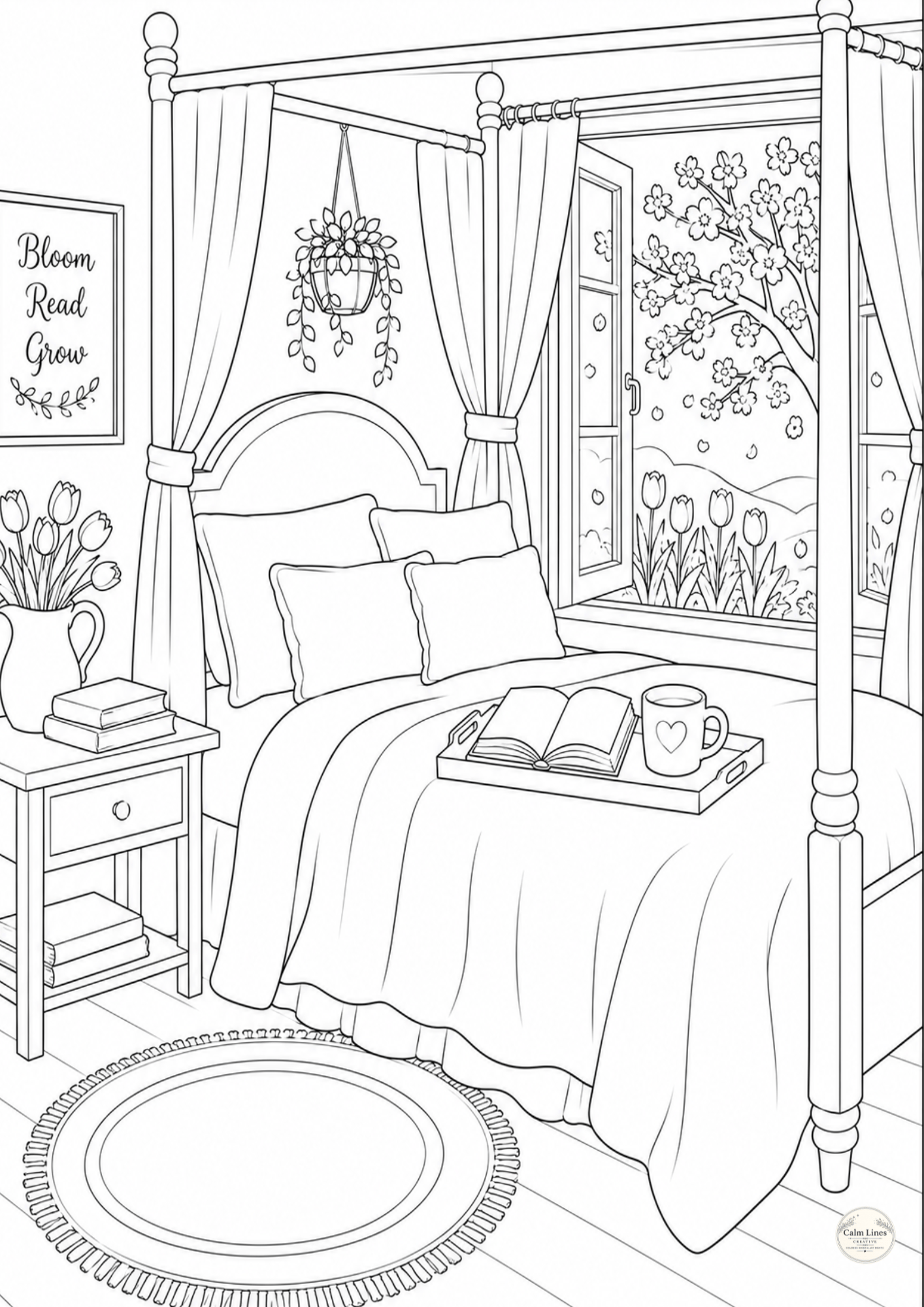 Cozy bedroom reading nook coloring page, large print line art with canopy bed and cherry blossom window
