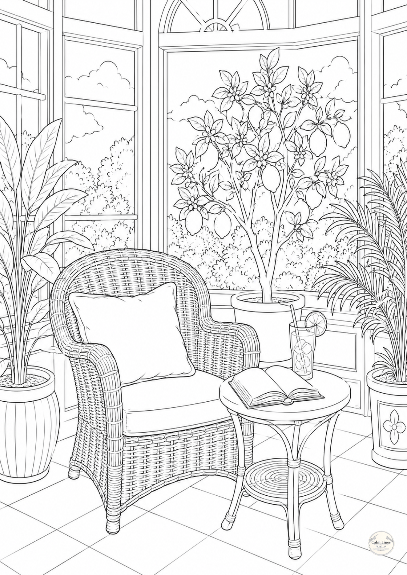 Sunroom reading nook coloring page, large print line art with wicker armchair and lemon tree