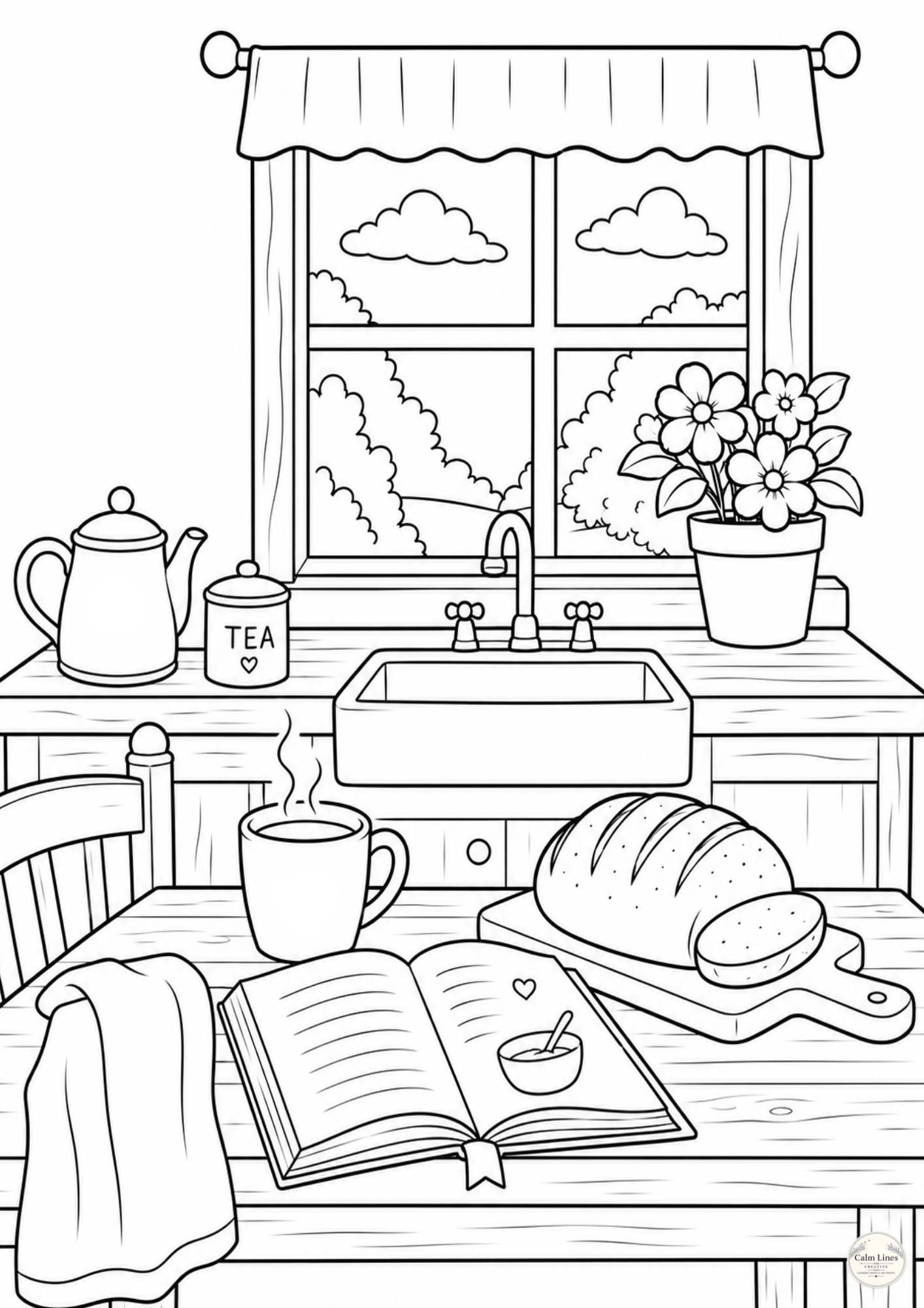 Uncolored cozy kitchen window reading nook coloring page, large print line art with teapot, bread, and open book