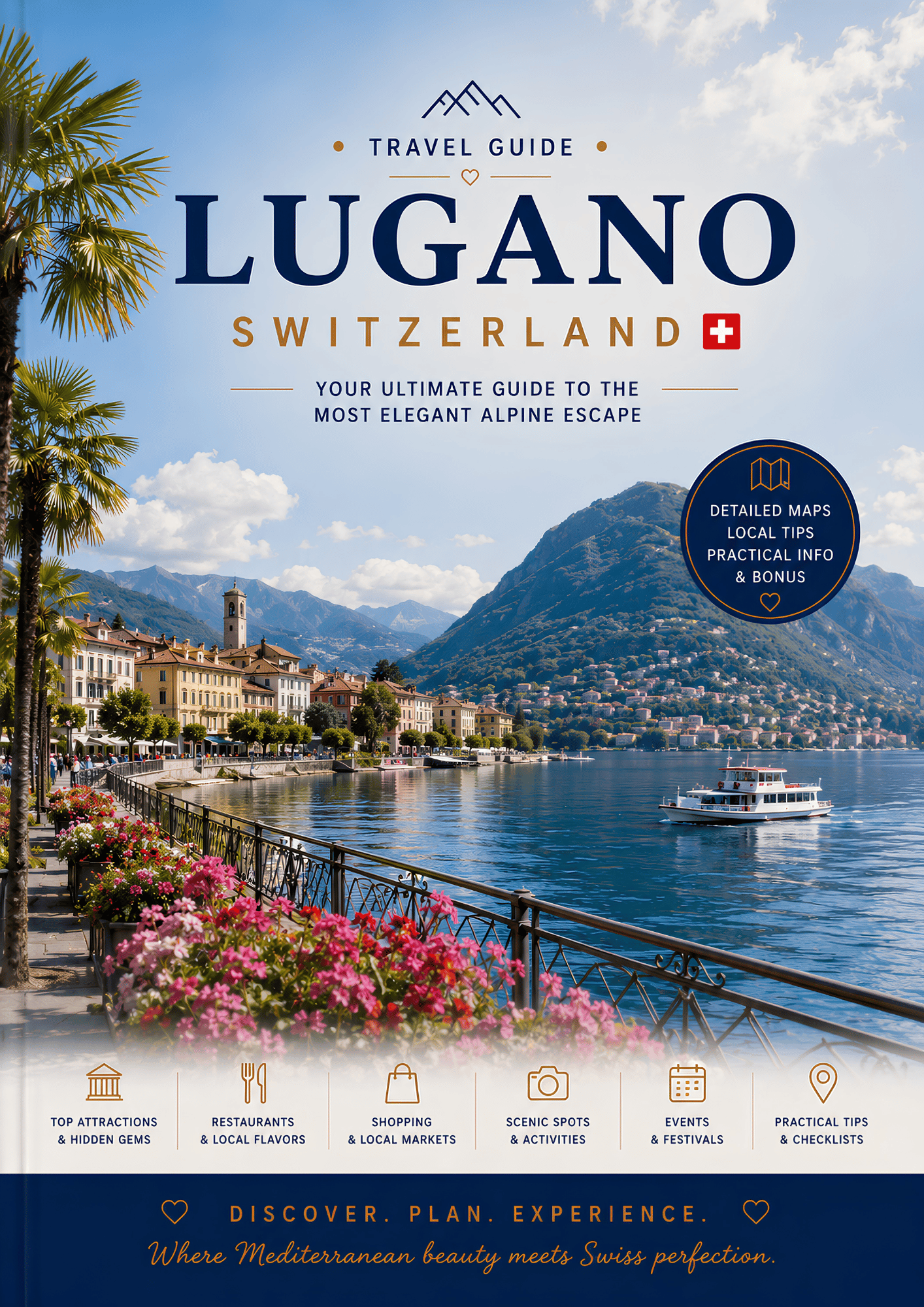 Lugano Switzerland PDF travel guide cover with lake, mountains and travel information