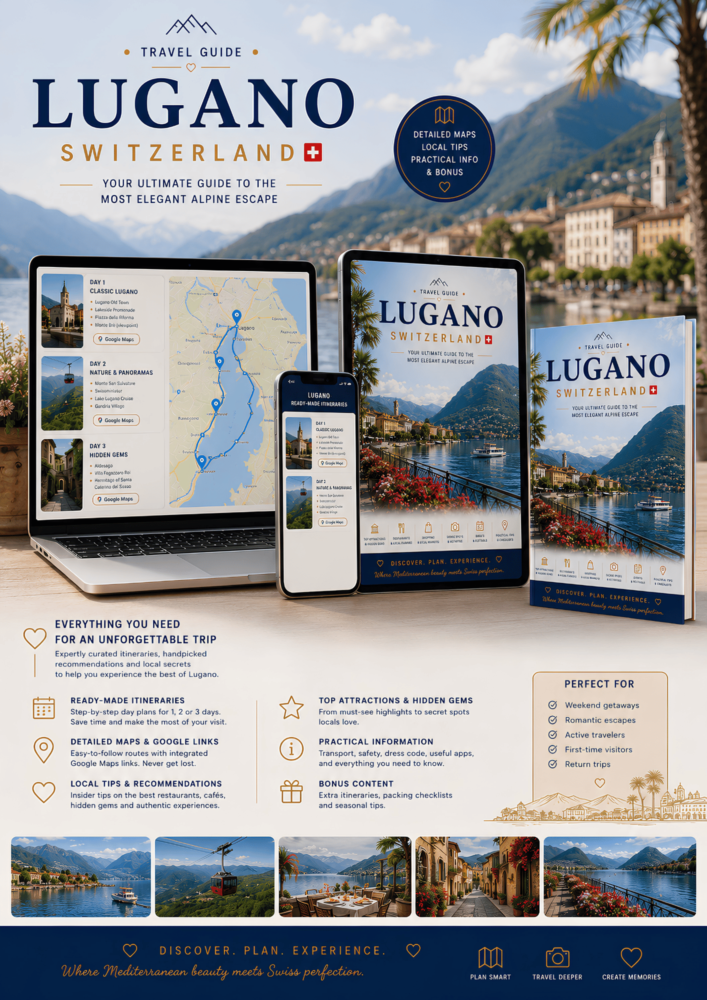 Lugano travel guide bundle showing PDF guide on laptop, tablet, smartphone and printed book