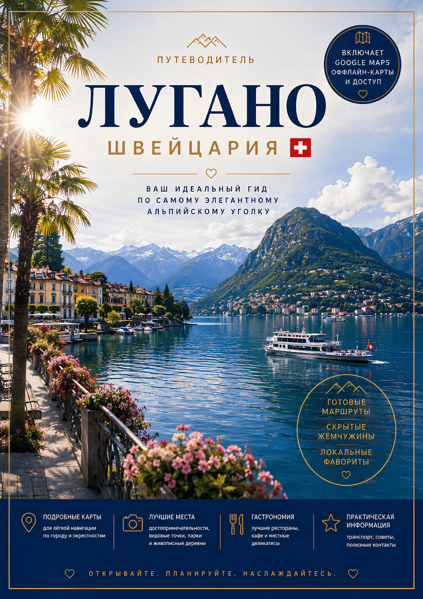 Обложка PDF-путеводителя по Лугано с озером, горами и главными достопримечательностями