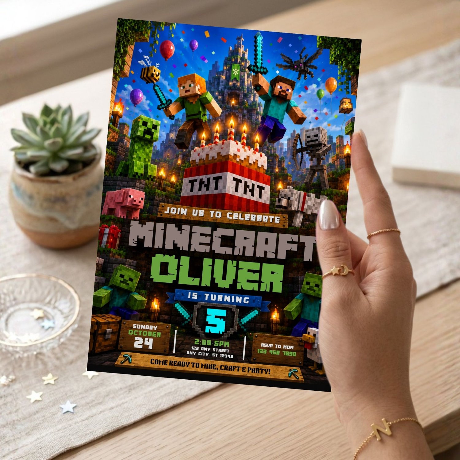 Printable Minecraft birthday invite Canva template with customizable text, pixel game theme, editable digital invitation for boys and girls birthday parties.