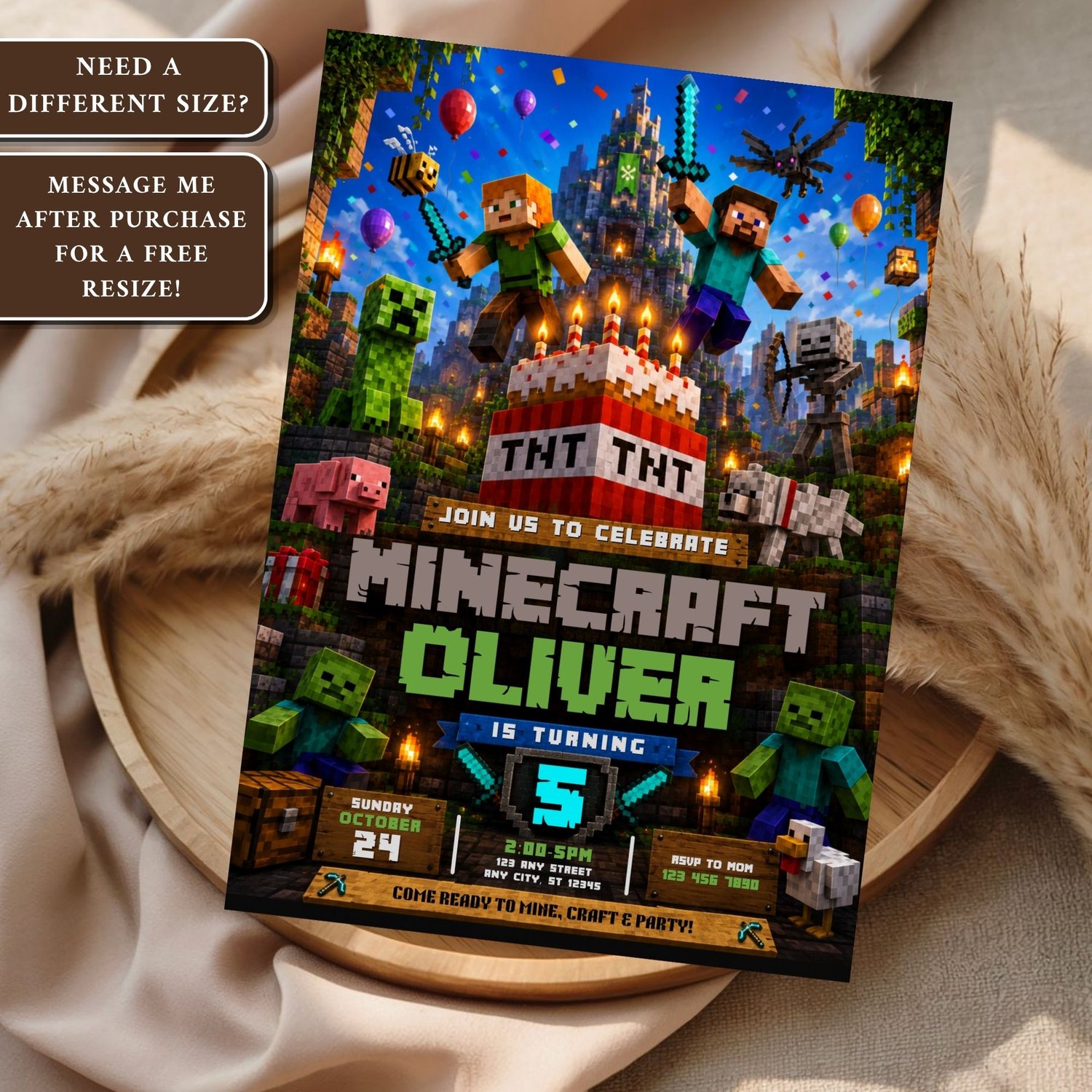 Minecraft birthday party invitation template featuring a fun block-inspired design, editable in Canva, printable invitation for kids birthday celebrations.