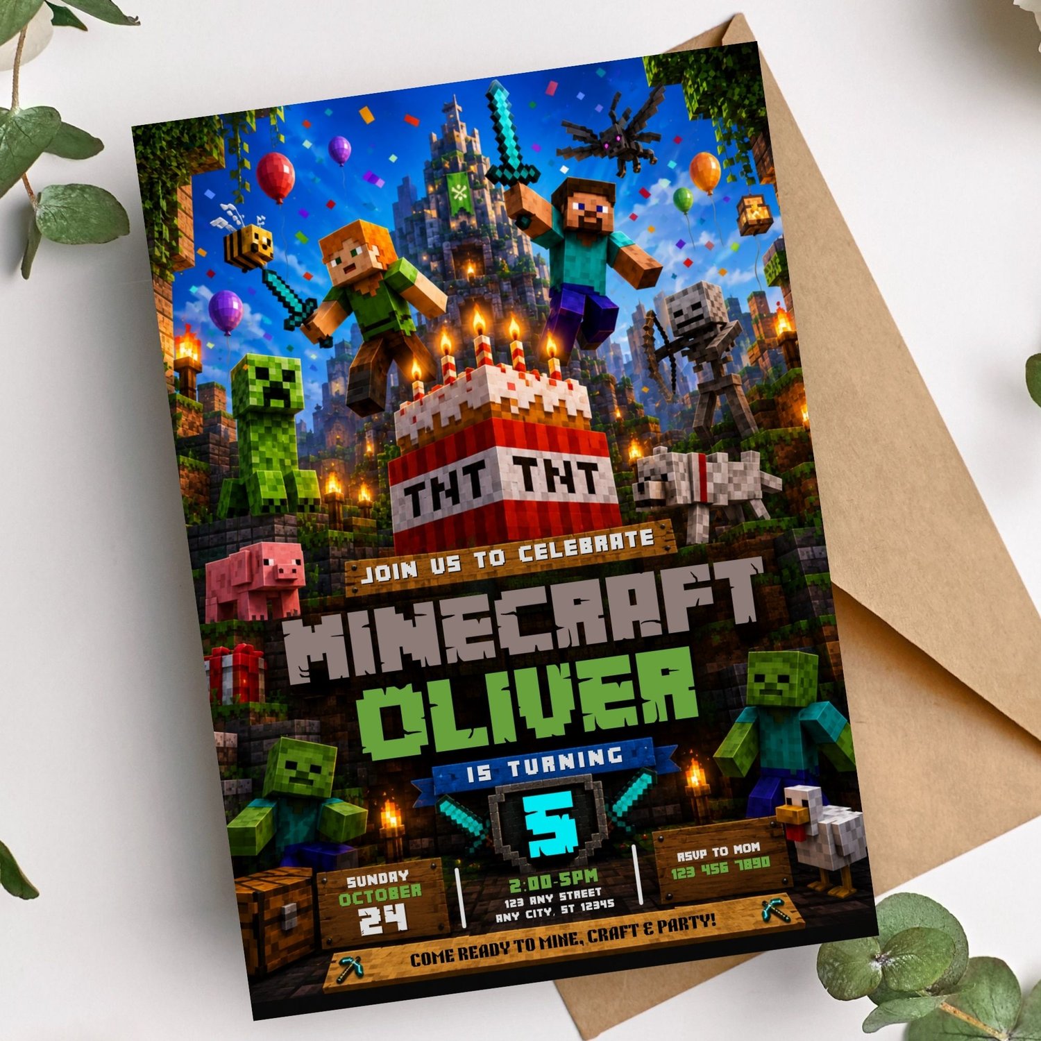 Digital Minecraft birthday invitation template with editable Canva design, instant download, printable party invite for kids birthday celebrations.