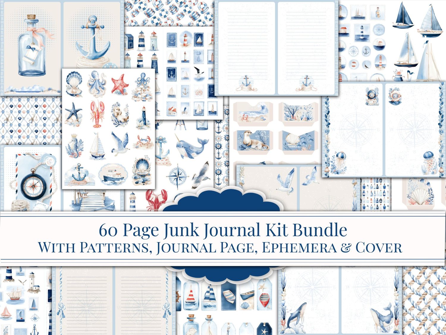 Main bundle cover showing 60-page nautical junk journal kit with patterns, journal pages, ephemera, and covers.