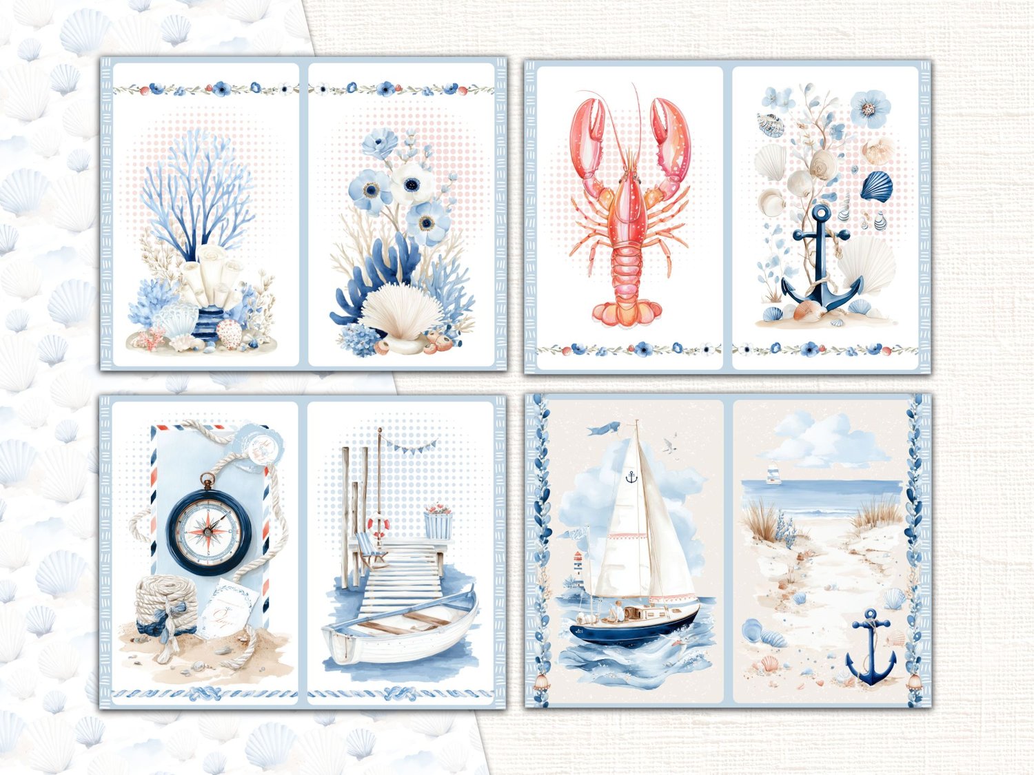 Preview of nautical junk journal spread layouts featuring lobster, compass, sailboat, and beach illustrations.