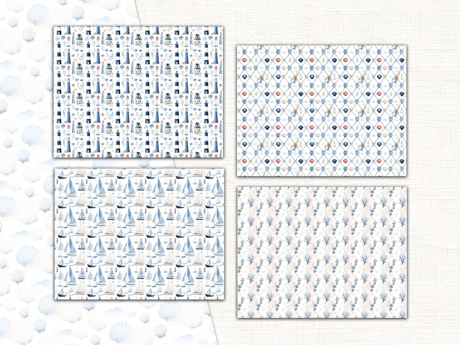 Four blue nautical background paper patterns featuring sailboats, lighthouses, and delicate maritime icons.