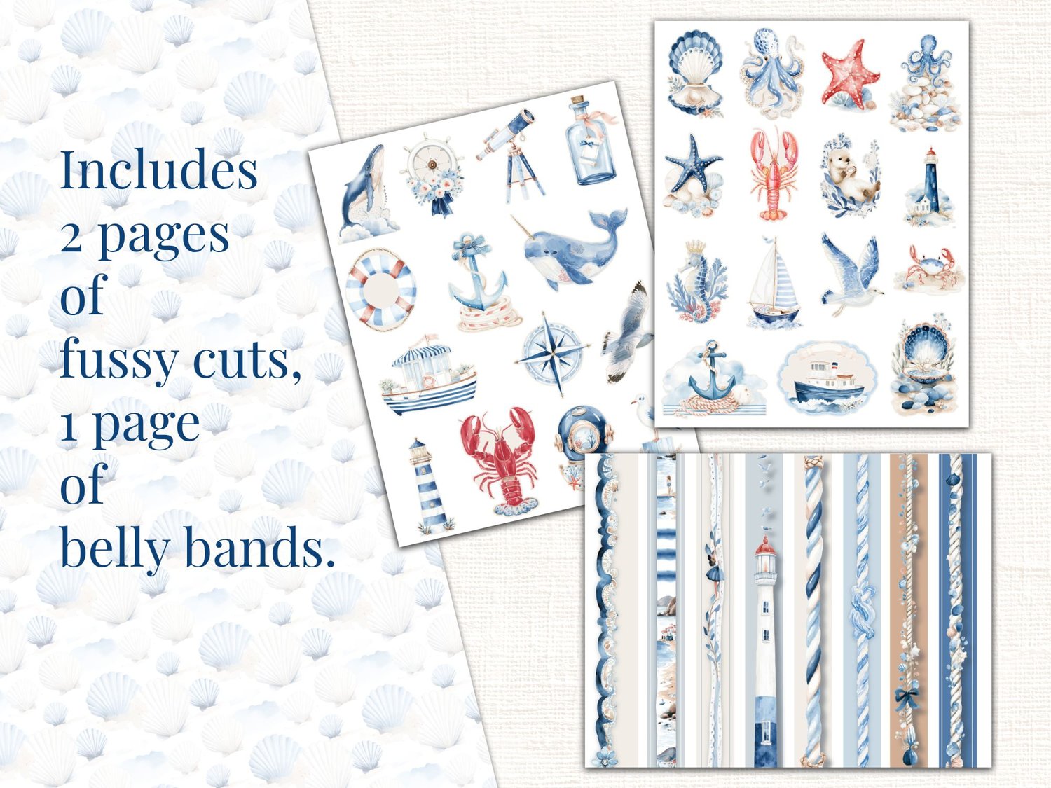 Preview of 2 pages of nautical fussy cut illustrations and 1 page of decorative belly band strips.