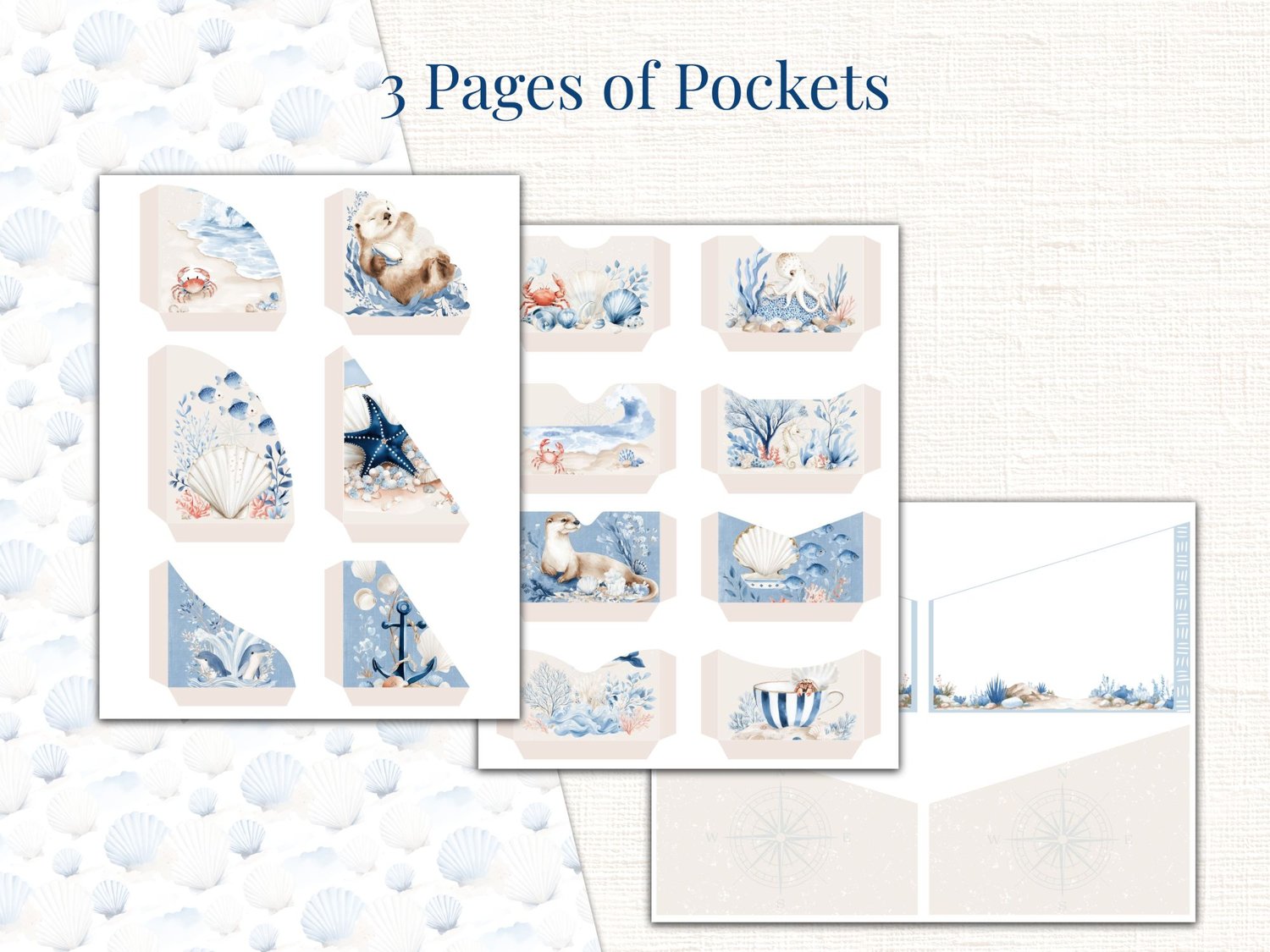 Preview of 3 printable junk journal pocket pages decorated with sea life and nautical artwork.