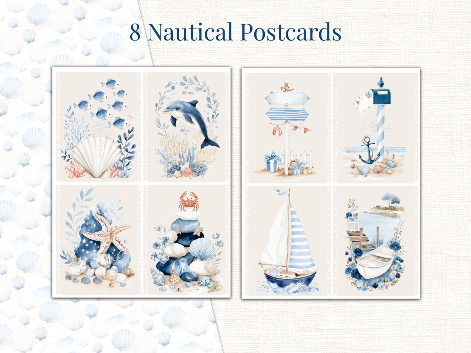 Preview of 8 printable nautical postcards with watercolor illustrations of dolphins, shells, and sea scenes.