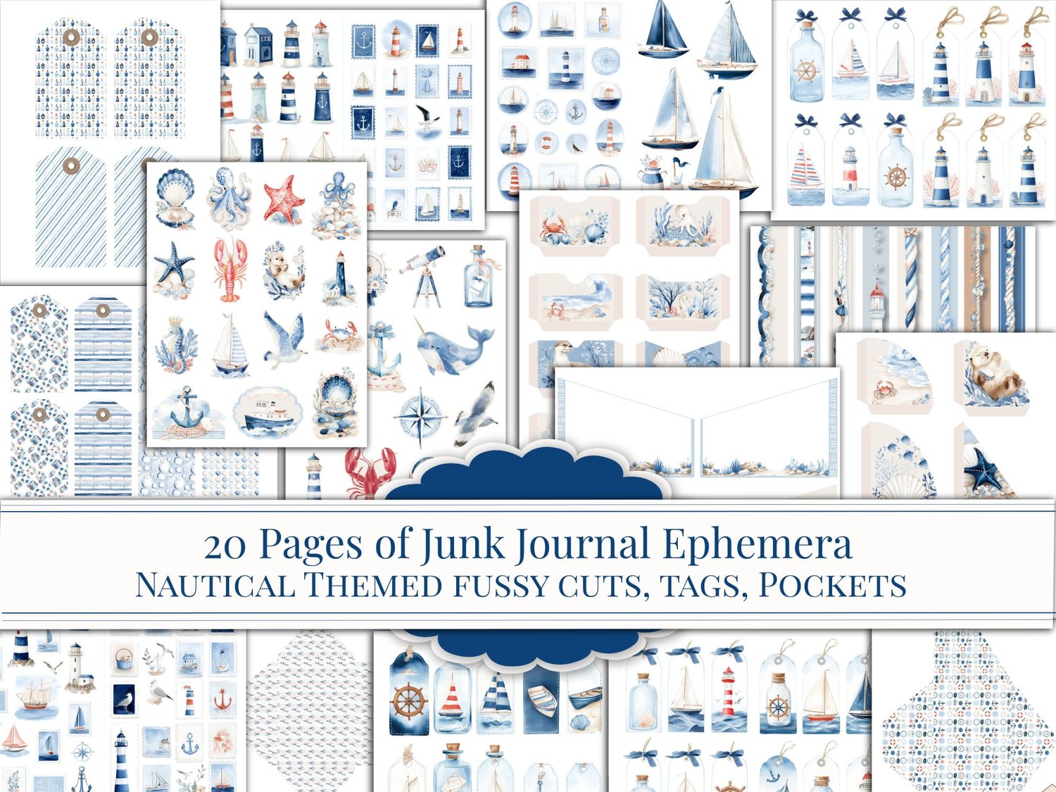 Main cover preview showing 20 pages of nautical themed junk journal ephemera, including fussy cuts, tags, and pockets.
