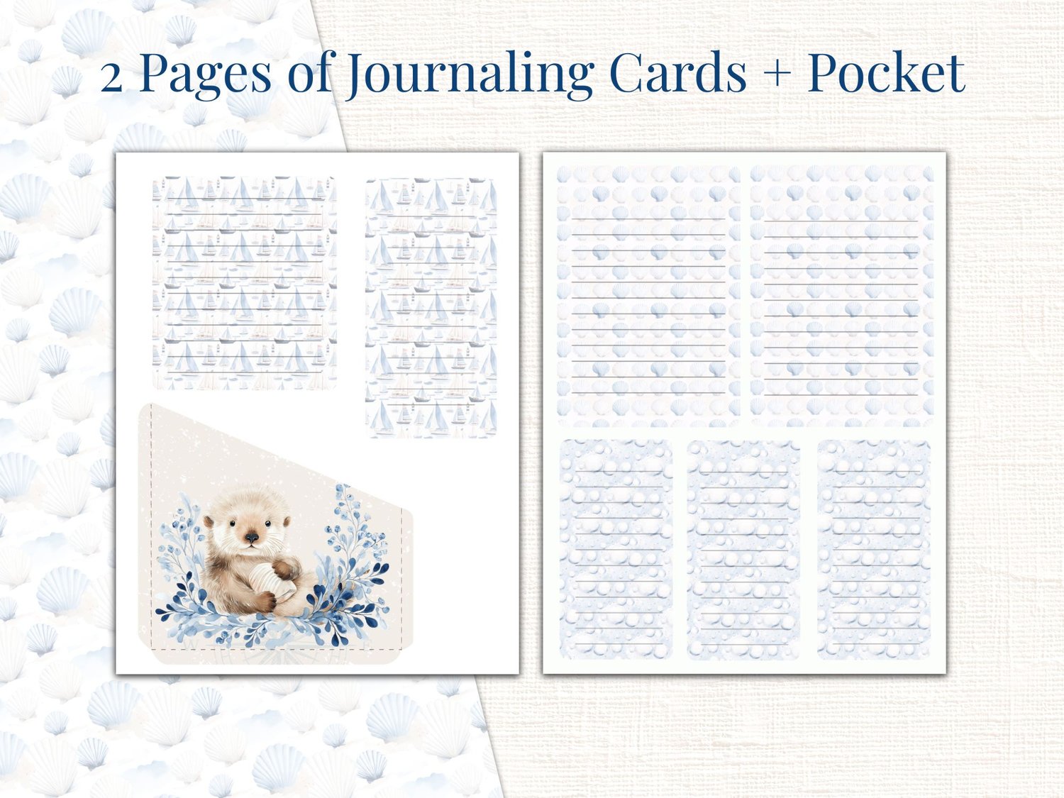 Preview of 2 pages of nautical lined journaling cards and a matching sea otter pocket template.