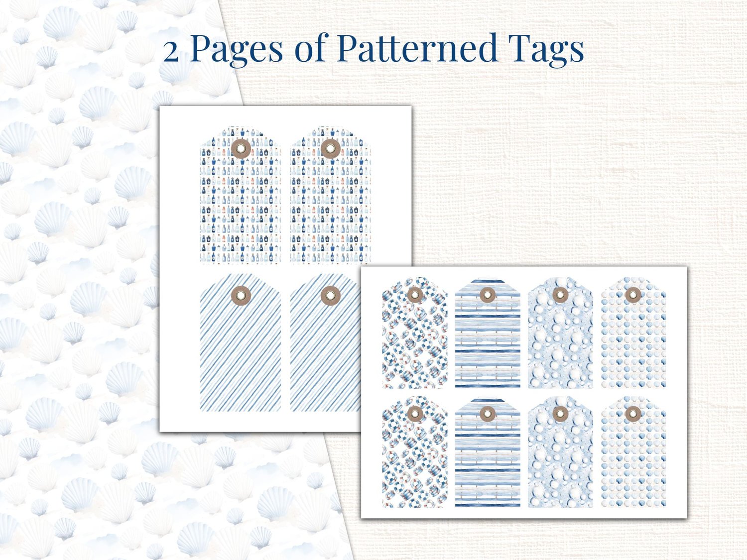 Preview of 2 pages of patterned gift tags in blue and white nautical geometric designs.