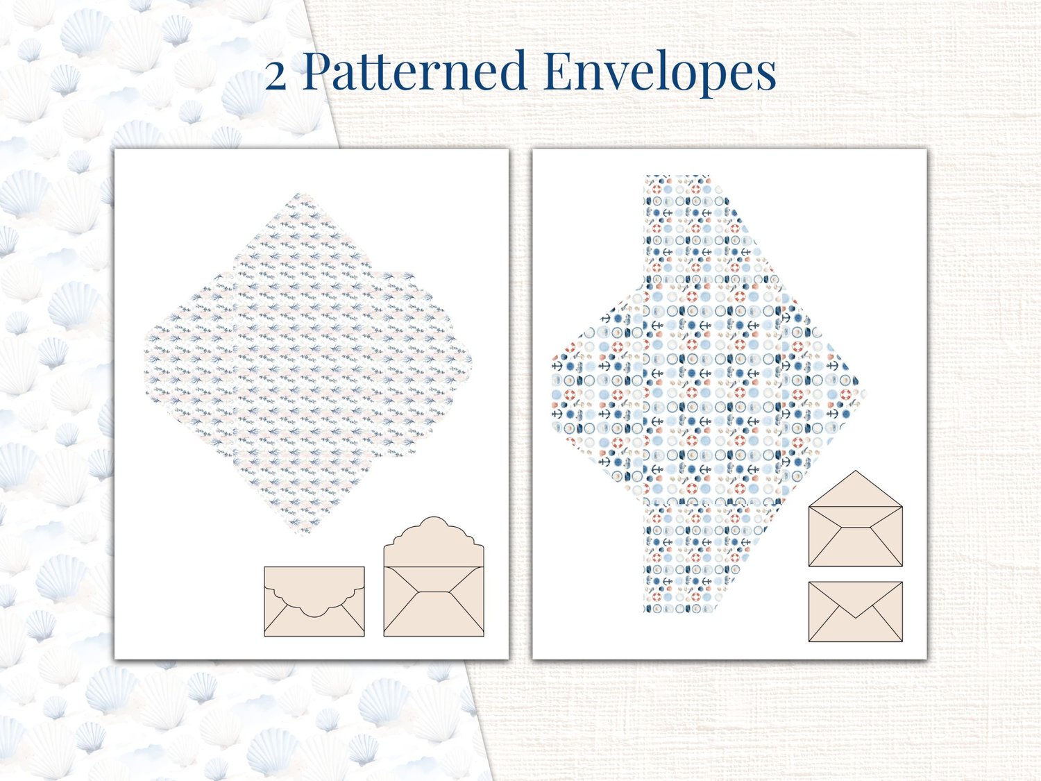 Printable DIY envelope templates featuring blue nautical patterns.