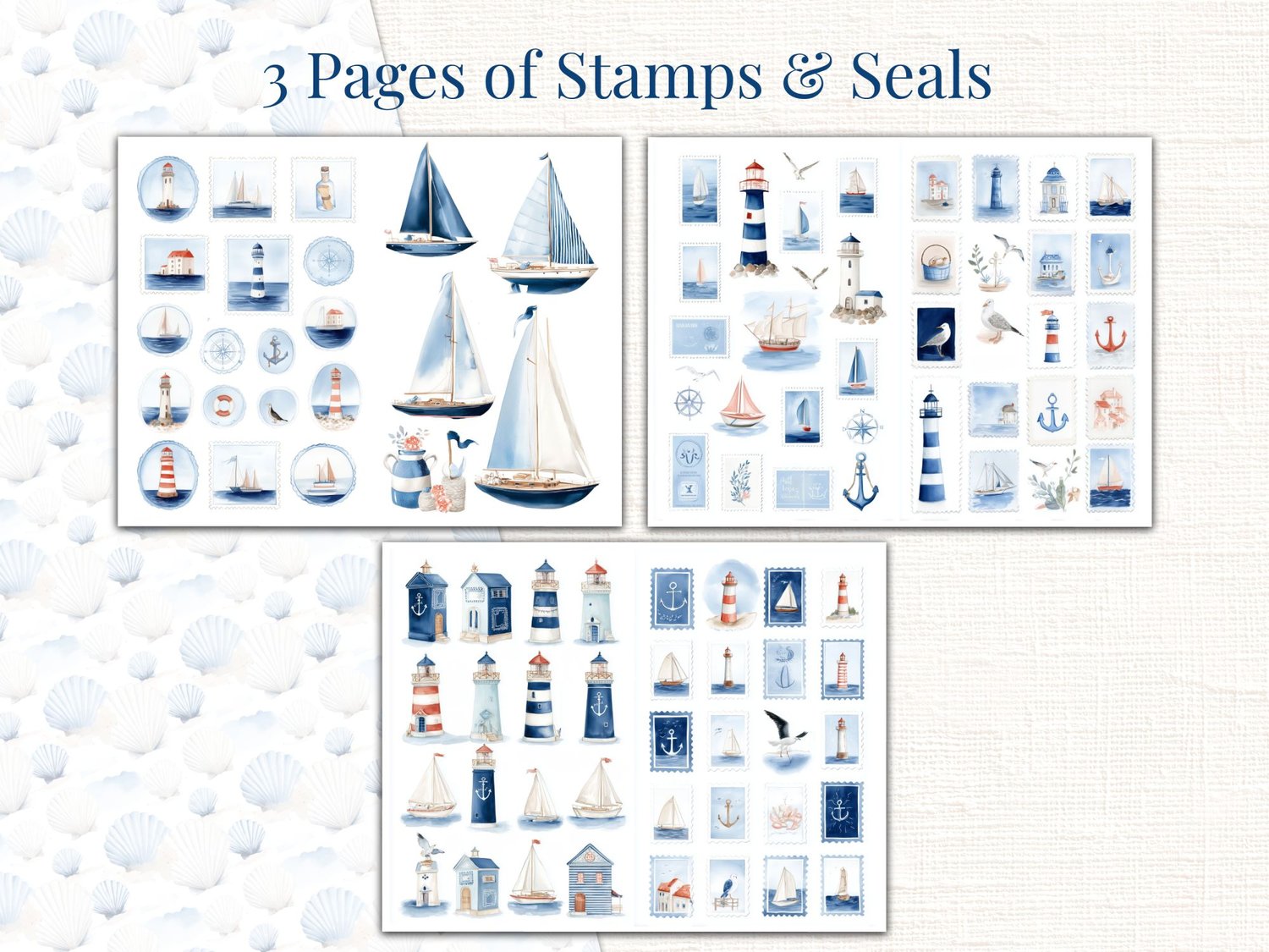 Preview of 3 pages of faux postal stamps and seals featuring coastal and maritime illustrations.