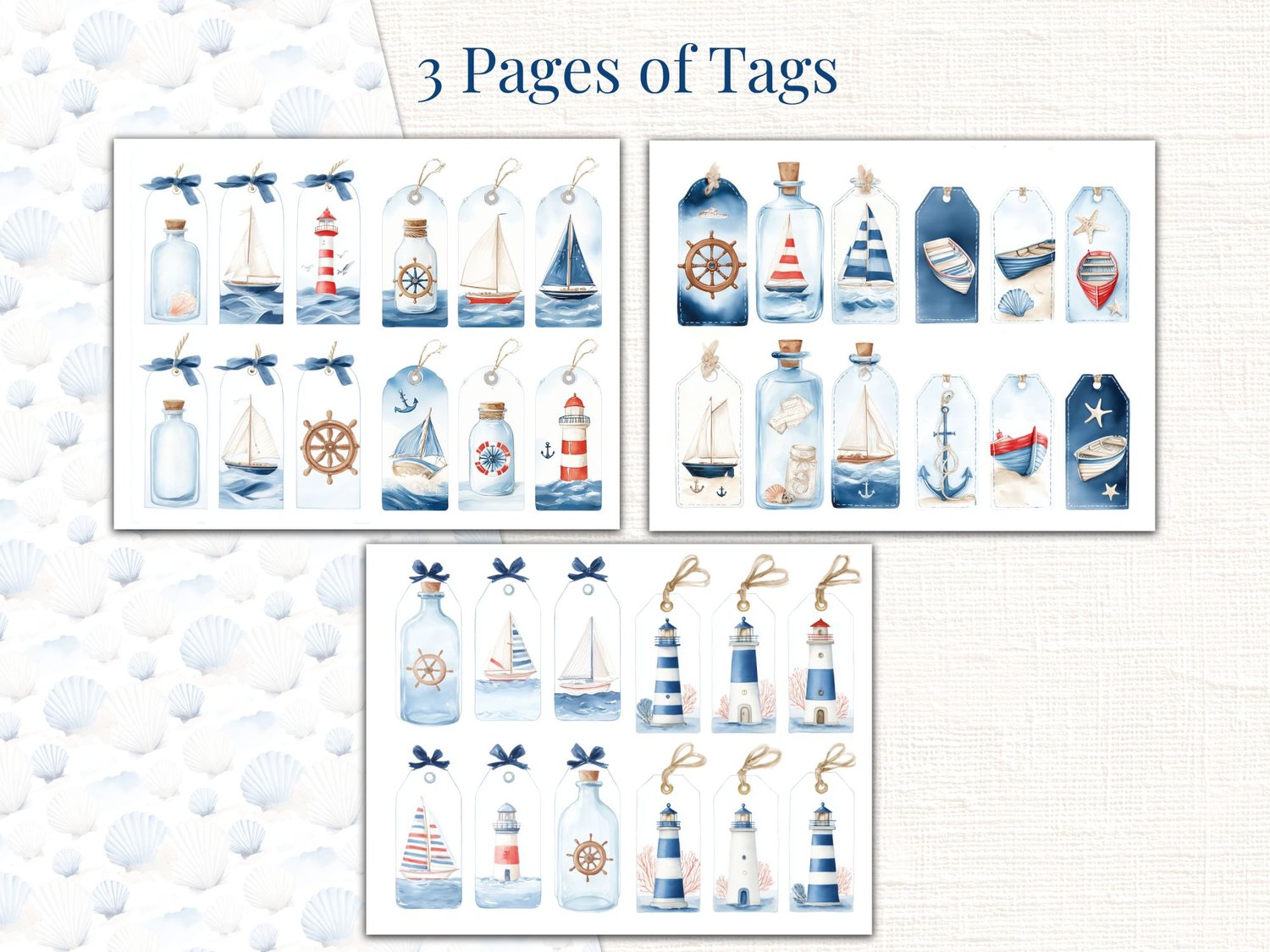 Preview of 3 pages of nautical-themed printable tags with lighthouse, anchor, sailboat, and message-in-a-bottle designs.