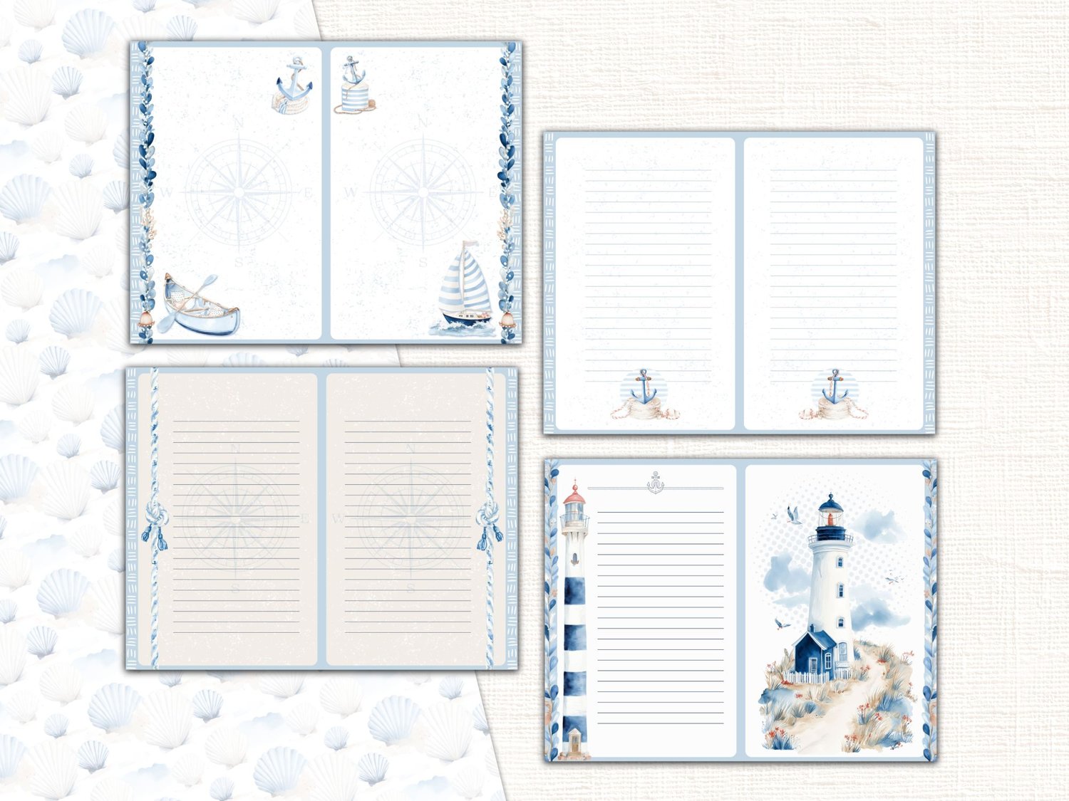 Four lined nautical journaling pages featuring lighthouse, anchor, and ocean theme decorations.