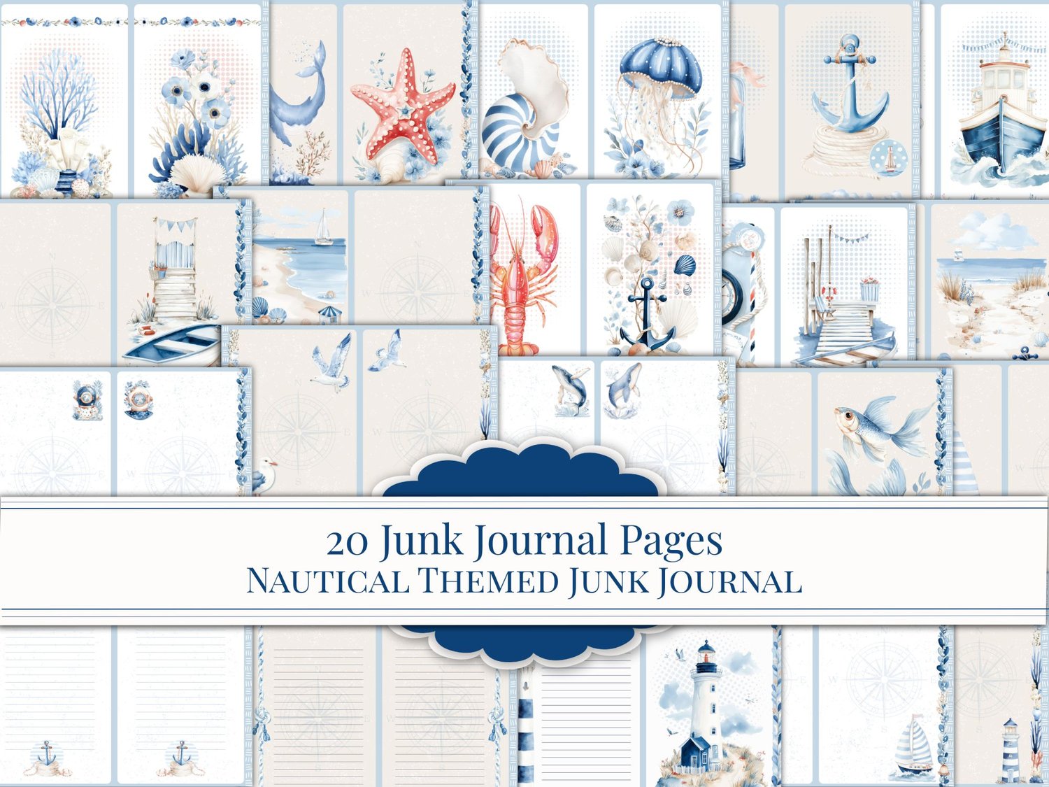 Main cover preview showing 20 printable junk journal pages in a nautical and sea-life theme.