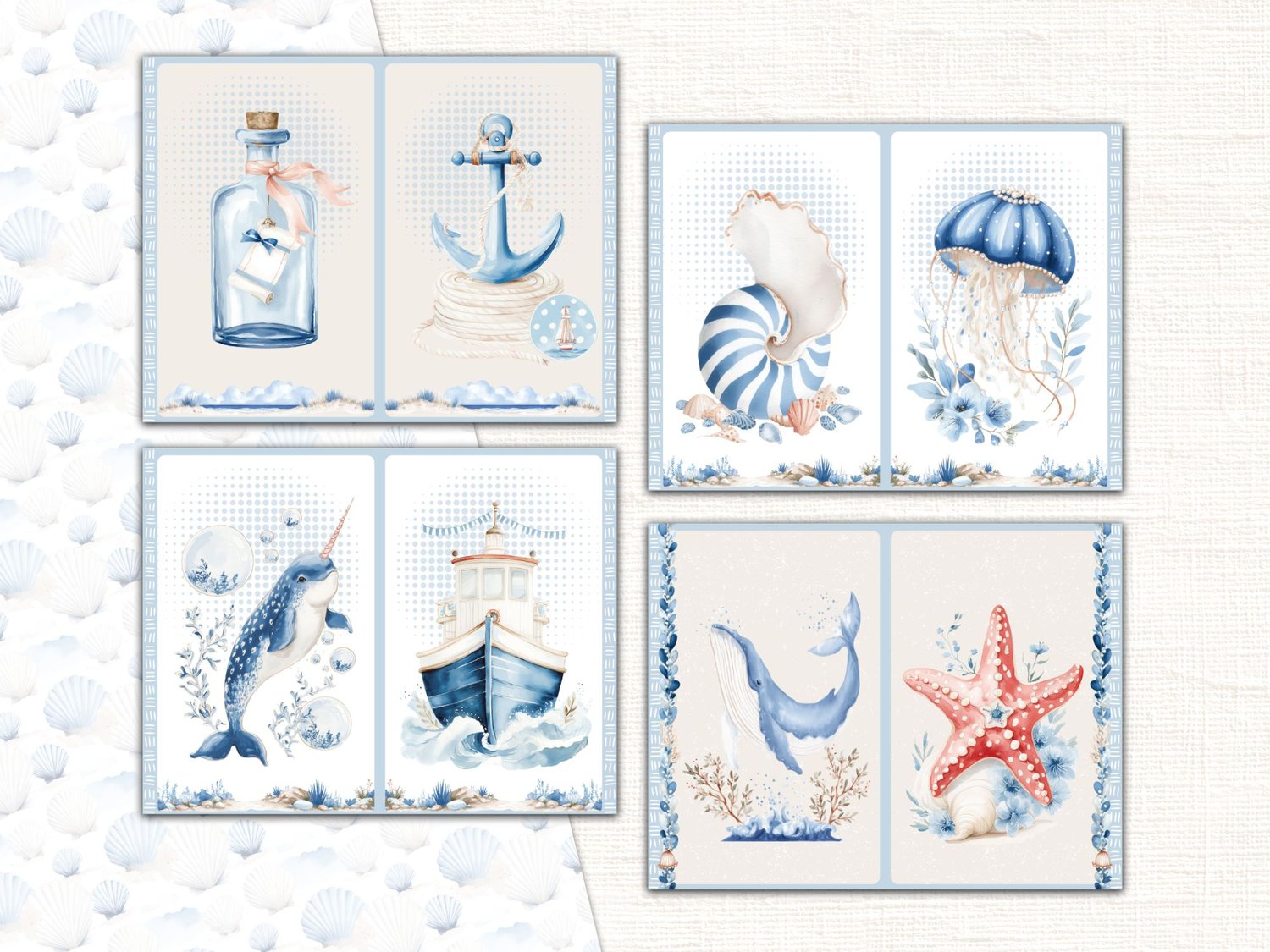 Four nautical journal spread templates featuring message in a bottle, anchor, narwhal, and starfish art.