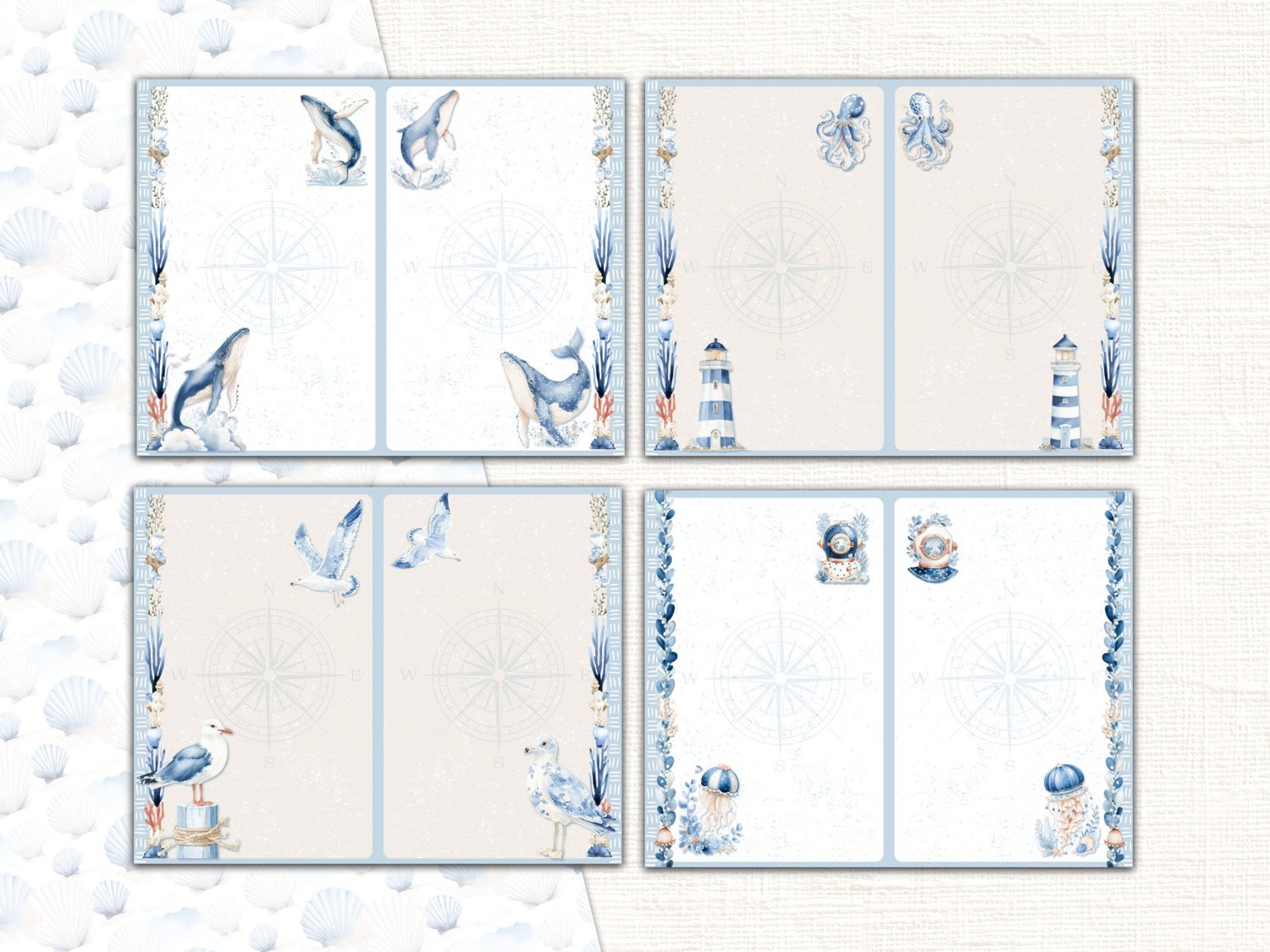 Four nautical journal page spreads with delicate sea life graphics and light compass background details.