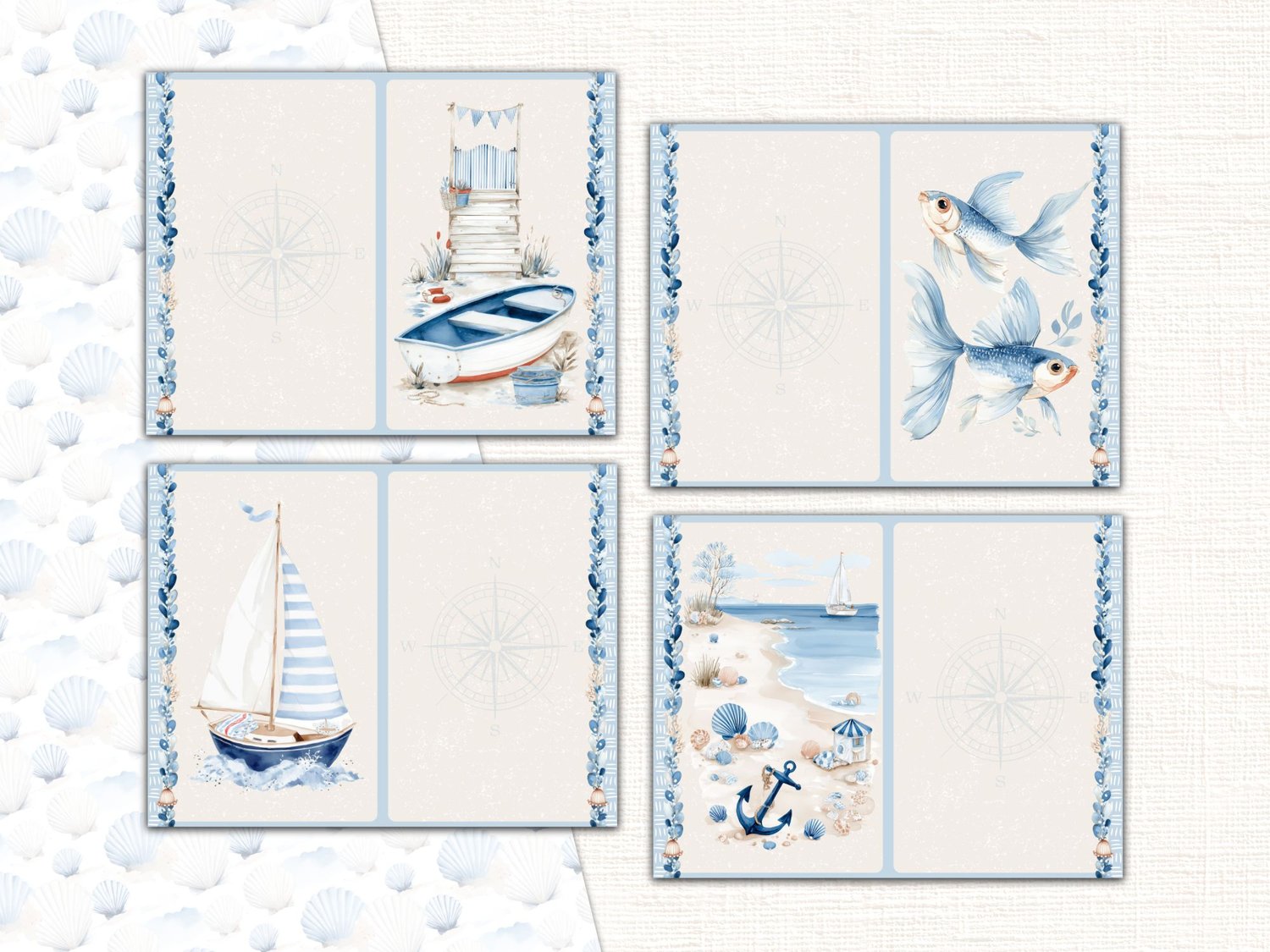 Four coastal printable journal pages featuring rowboat, whale, sailboat, and beach watercolor designs.