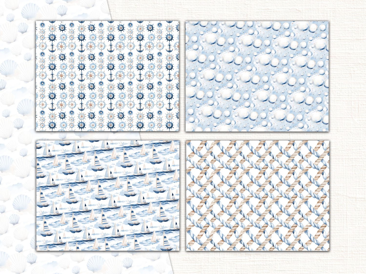 Four nautical pattern paper designs featuring sailboat motifs, sea bubbles, ropes, and lighthouse illustrations.