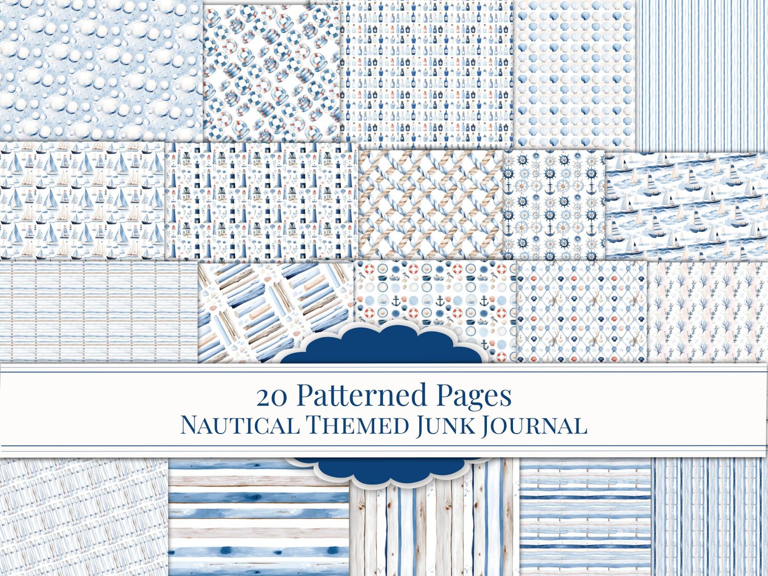Main cover preview showing 20 patterned pages for a nautical themed junk journal printable kit.
