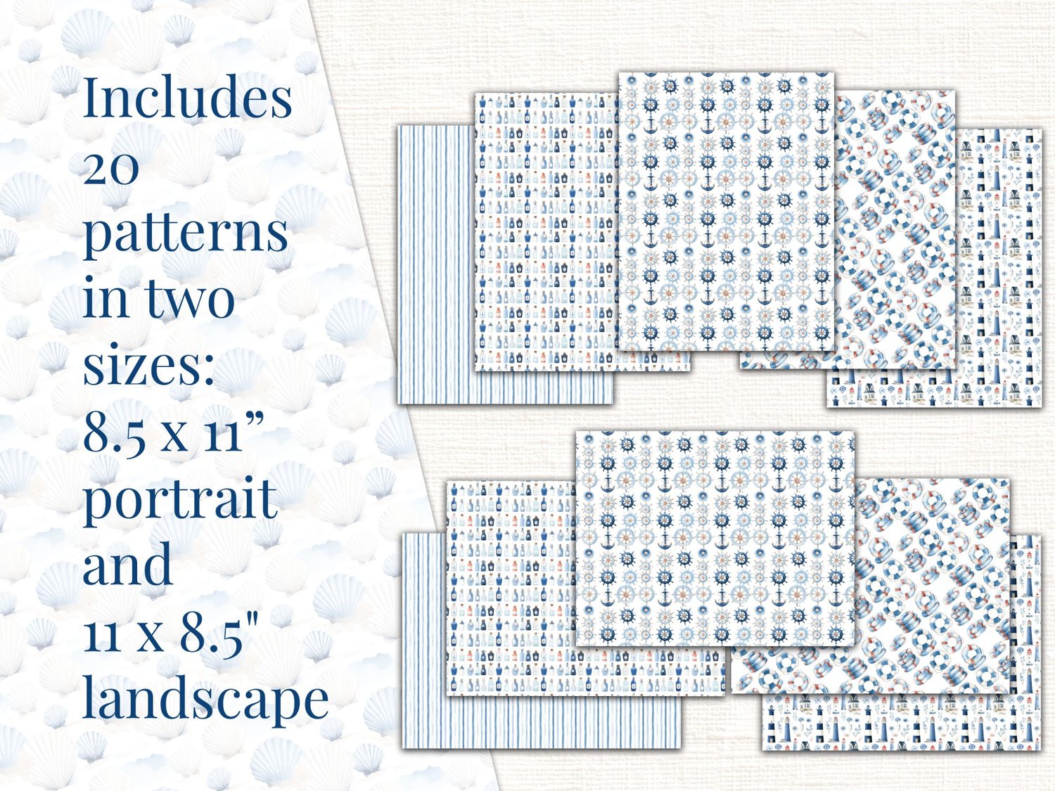 Size options preview displaying 20 nautical patterns available in 8.5x11 inch portrait and 11x8.5 inch landscape formats.