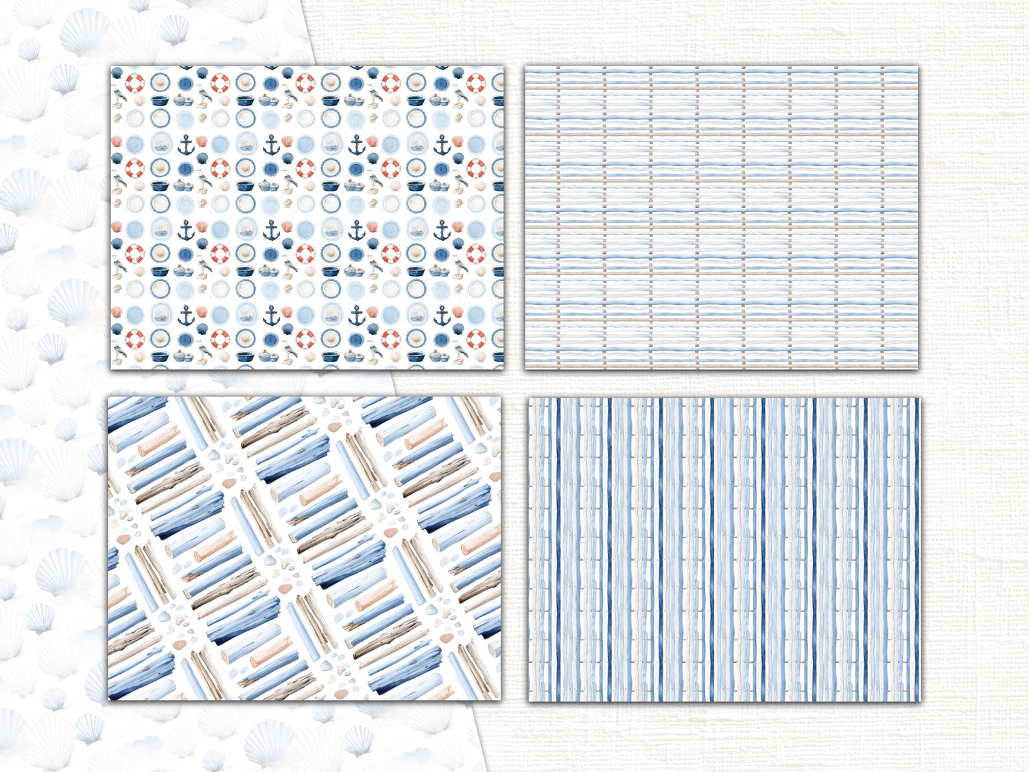 Four blue nautical patterns featuring lifesaver rings, compasses, waves, and classic stripes.