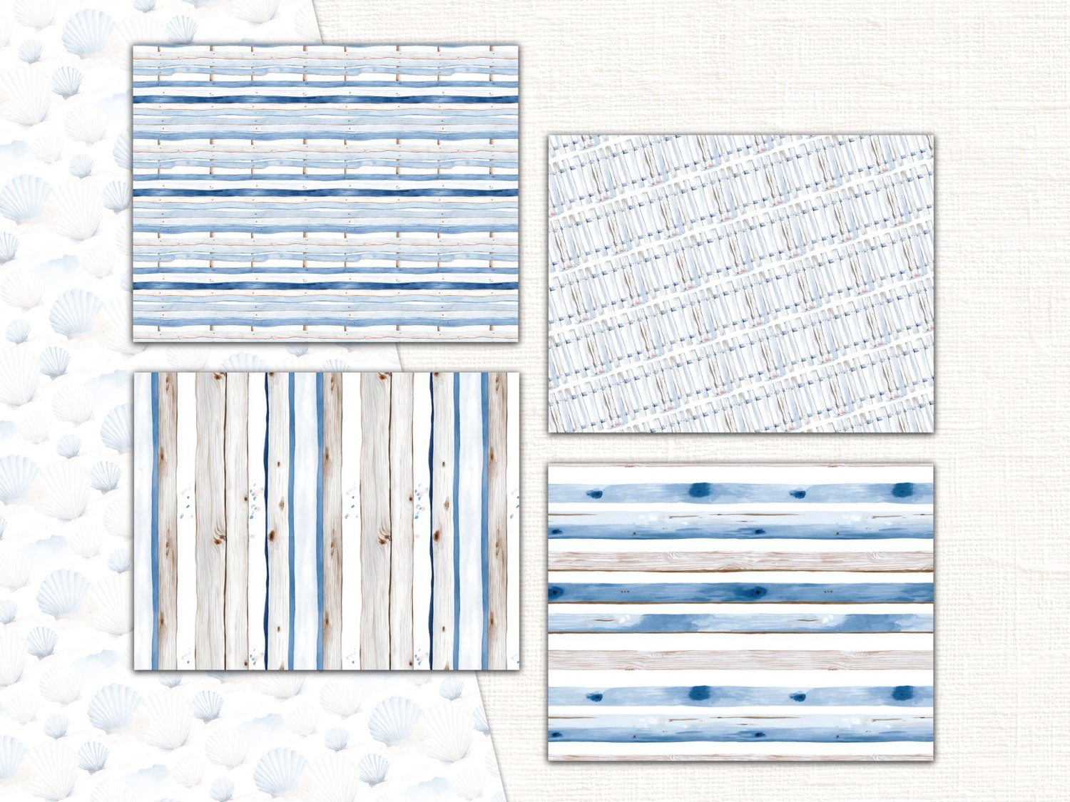 Four coastal paper designs featuring watercolor ocean waves and rustic wooden plank textures.