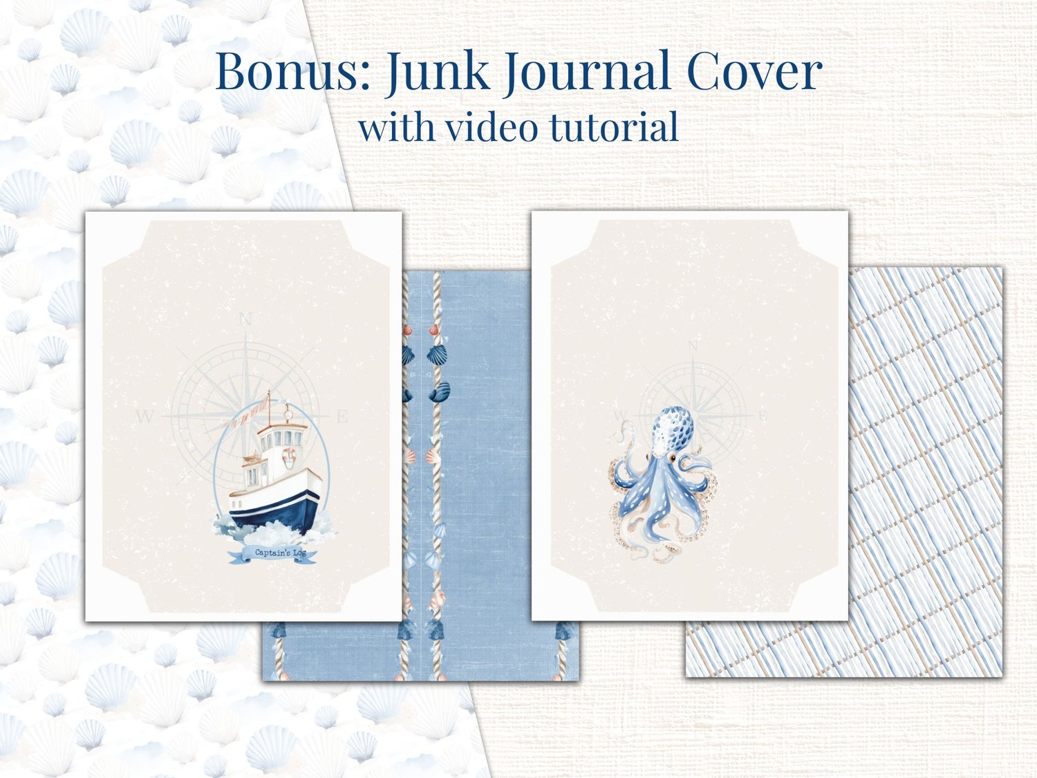 Bonus printable junk journal cover designs featuring ship and octopus illustrations, plus video tutorial notice.