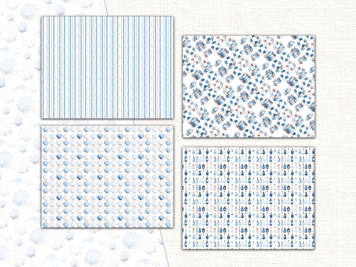 Sample preview of four light blue nautical pattern designs, including stripes, anchors, and ocean motifs.