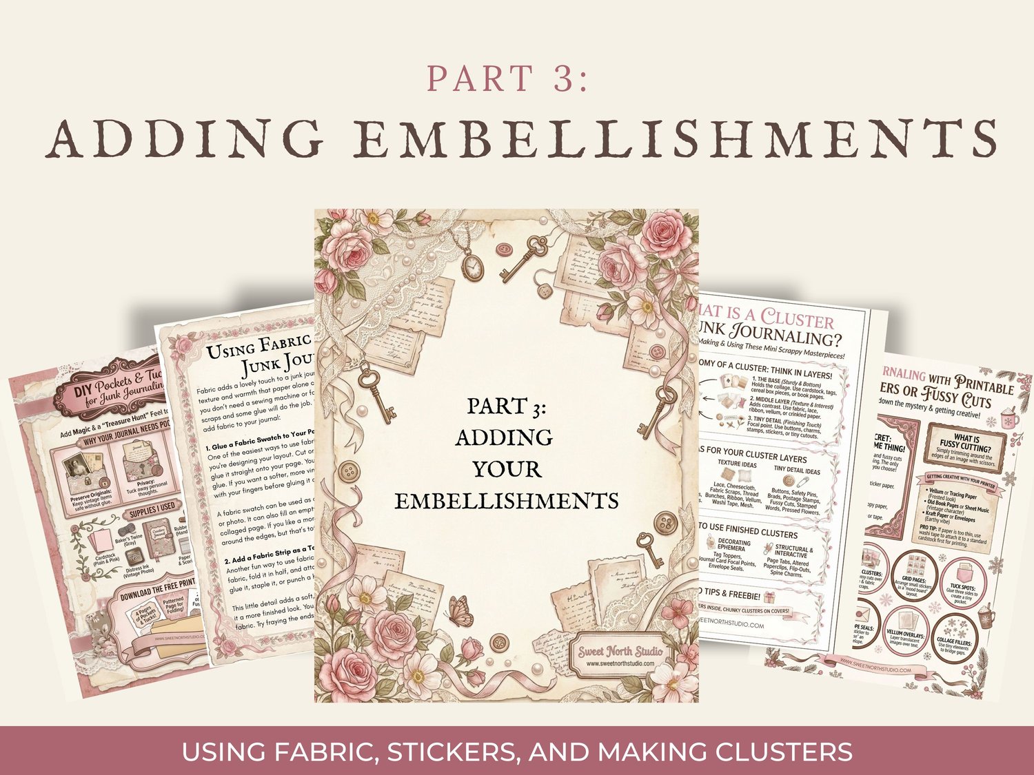 Preview of "Part 3: Adding Embellishments" detailing techniques for using fabric, stickers, clusters, and pockets in junk journals.