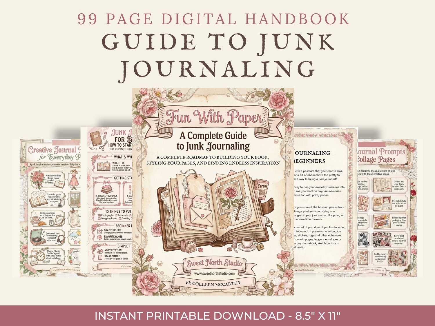 Main cover preview for "99 Page Digital Handbook: Guide to Junk Journaling" printable download with sample inner pages displayed.