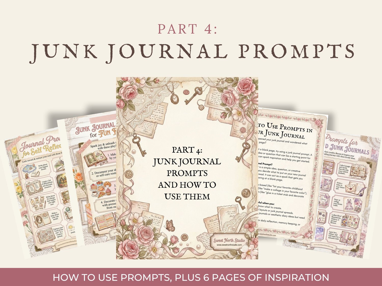 Preview of "Part 4: Junk Journal Prompts" showing how to use prompts along with six pages of creative inspiration.